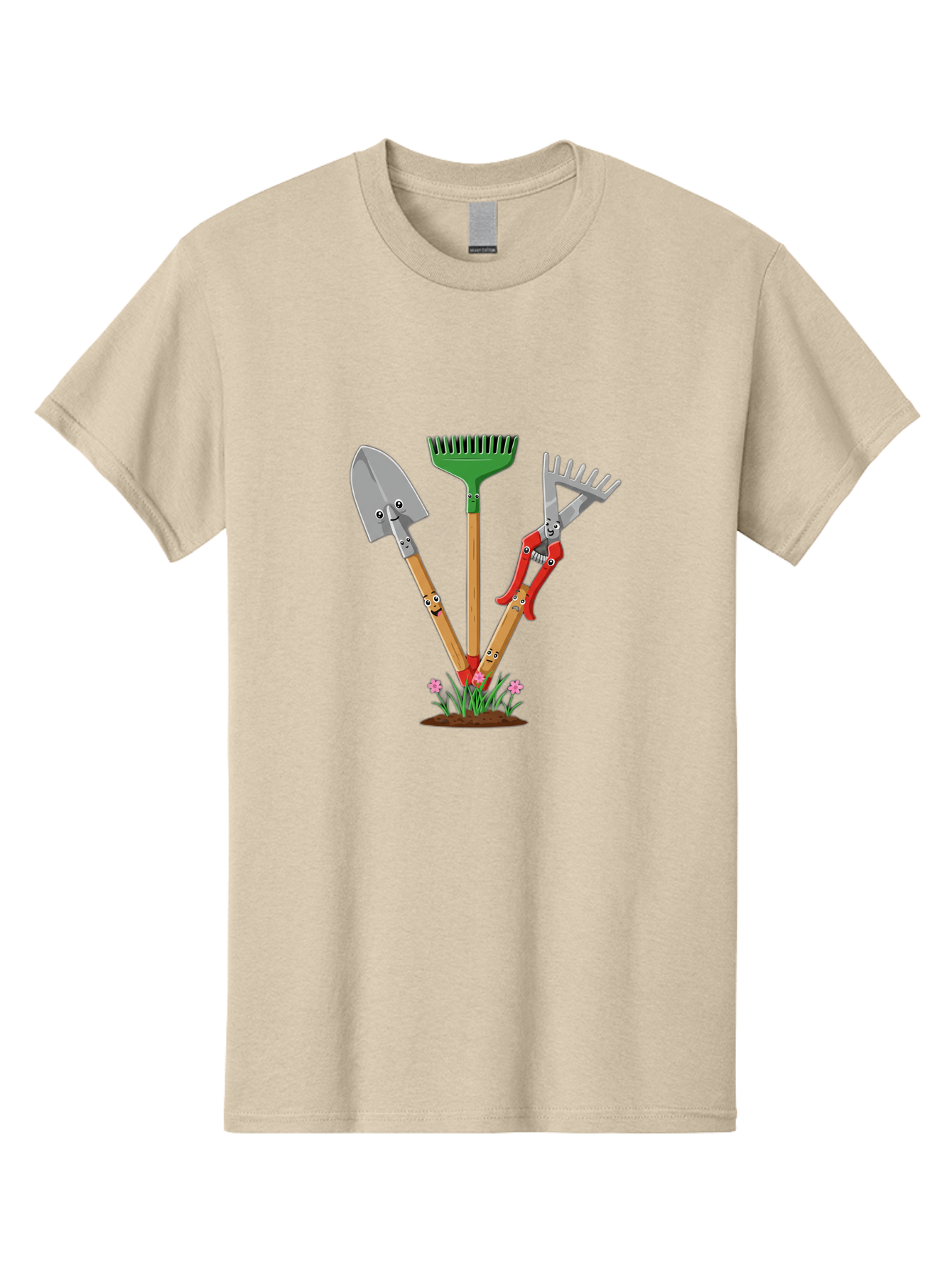 Gardening-Tools Men'S Graphic Tee, 100% Cotton, Comfortable Casual Summer Wear, Machine Washable, Garden Tools, Shovel, Rake, Pruning Shears, Gardening, Anthropomorphic Tools, Cartoon-Style, Human-Like Handles, Gardening Equipment, Baa729