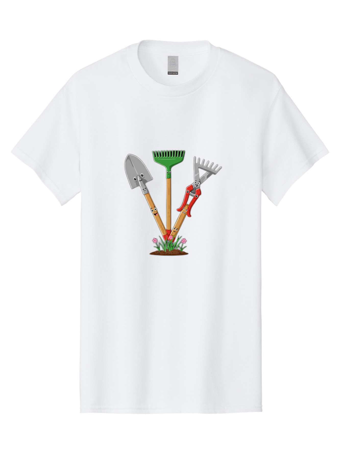 Gardening-Tools Men'S Graphic Tee, 100% Cotton, Comfortable Casual Summer Wear, Machine Washable, Garden Tools, Shovel, Rake, Pruning Shears, Gardening, Anthropomorphic Tools, Cartoon-Style, Human-Like Handles, Gardening Equipment, Baa729