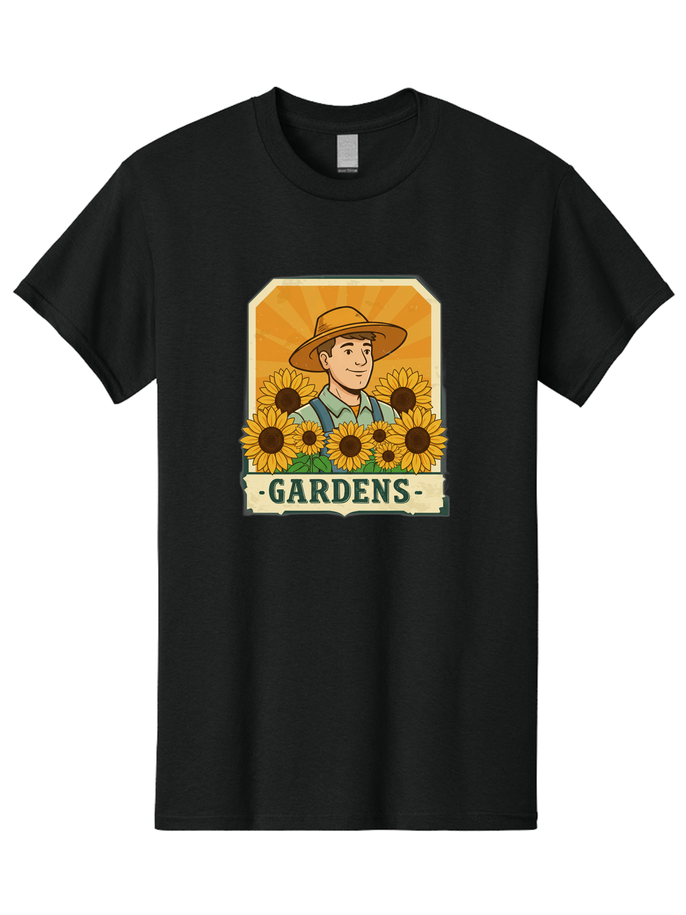 Gardens Men'S Graphic Tee, 100% Cotton, Comfortable Casual Summer Wear, Machine Washable, Gardener With Sunflowers, Floral Arrangement, Garden Scene, Sun Hat, Overalls, Smiling Gardener, Gardening, Sunny Day, Yellow Flowers Baa730