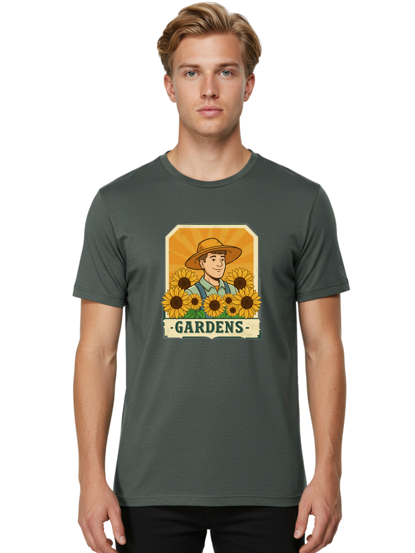 Gardens Men'S Graphic Tee, 100% Cotton, Comfortable Casual Summer Wear, Machine Washable, Gardener With Sunflowers, Floral Arrangement, Garden Scene, Sun Hat, Overalls, Smiling Gardener, Gardening, Sunny Day, Yellow Flowers Baa730