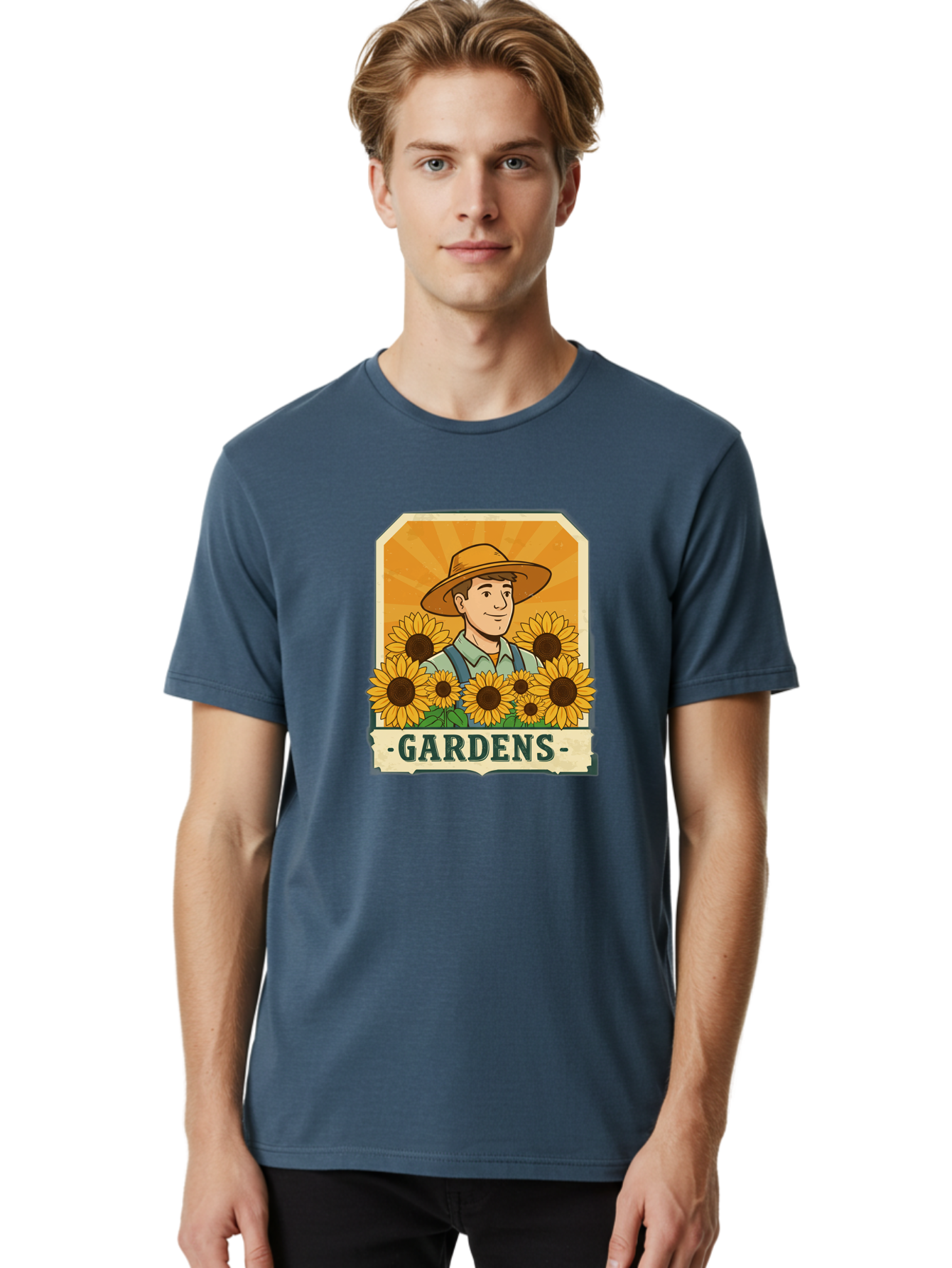 Gardens Men'S Graphic Tee, 100% Cotton, Comfortable Casual Summer Wear, Machine Washable, Gardener With Sunflowers, Floral Arrangement, Garden Scene, Sun Hat, Overalls, Smiling Gardener, Gardening, Sunny Day, Yellow Flowers Baa730