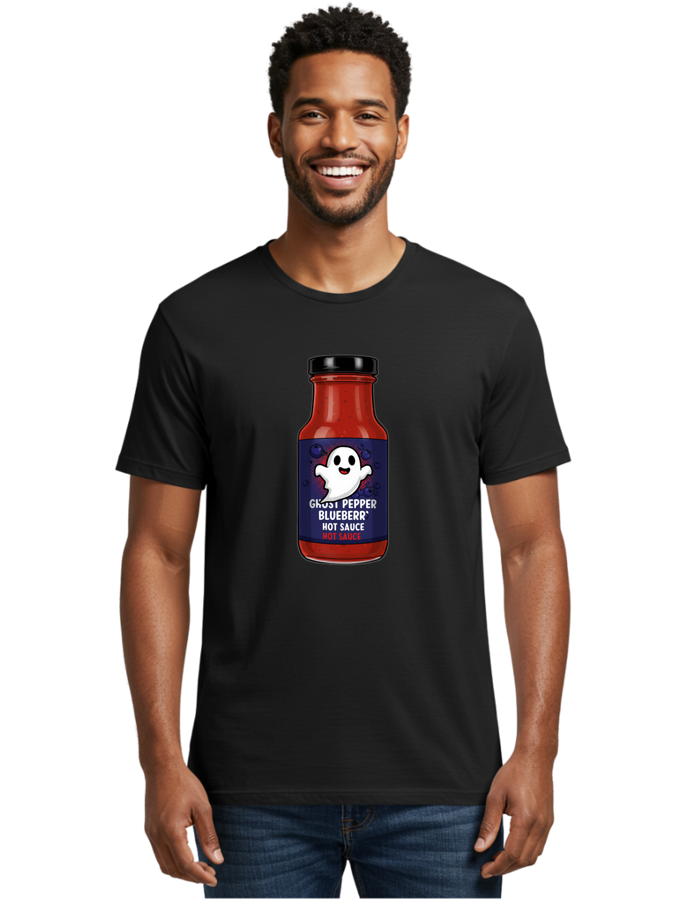 Ghost-Pepper-Blueburr-Hot-Sauce Men'S Graphic Tee, 100% Cotton, Comfortable Casual Summer Wear, Machine Washable, Hot Sauce, Spicy Condiment, Ghost Pepper, Blueberry Flavor, Condiment Bottle, Sauce Label, Spicy Food, Flavorful Sauce, Baa734