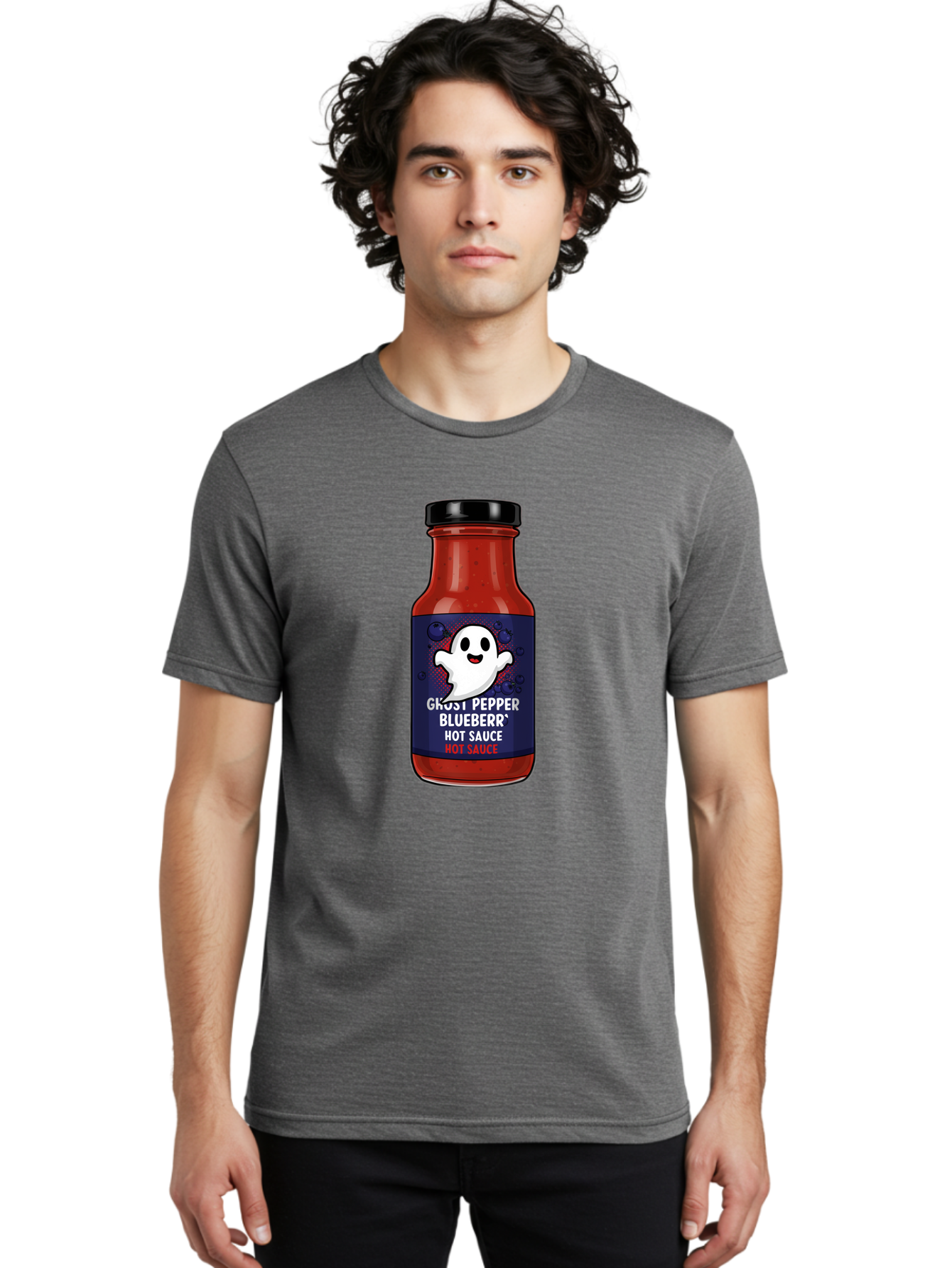 Ghost-Pepper-Blueburr-Hot-Sauce Men'S Graphic Tee, 100% Cotton, Comfortable Casual Summer Wear, Machine Washable, Hot Sauce, Spicy Condiment, Ghost Pepper, Blueberry Flavor, Condiment Bottle, Sauce Label, Spicy Food, Flavorful Sauce, Baa734