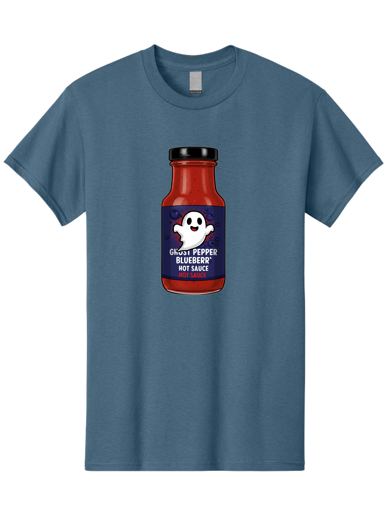 Ghost-Pepper-Blueburr-Hot-Sauce Men'S Graphic Tee, 100% Cotton, Comfortable Casual Summer Wear, Machine Washable, Hot Sauce, Spicy Condiment, Ghost Pepper, Blueberry Flavor, Condiment Bottle, Sauce Label, Spicy Food, Flavorful Sauce, Baa734