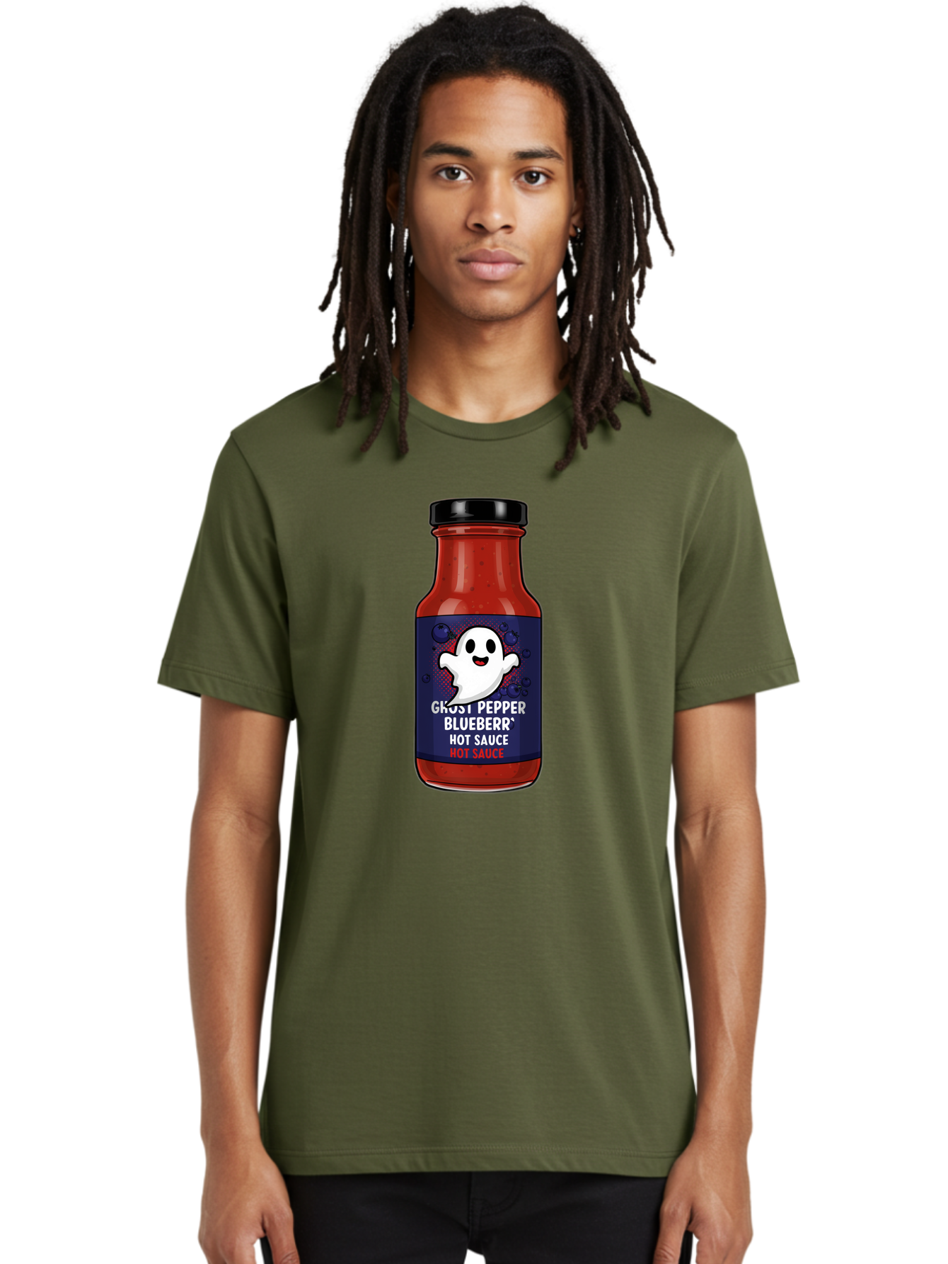 Ghost-Pepper-Blueburr-Hot-Sauce Men'S Graphic Tee, 100% Cotton, Comfortable Casual Summer Wear, Machine Washable, Hot Sauce, Spicy Condiment, Ghost Pepper, Blueberry Flavor, Condiment Bottle, Sauce Label, Spicy Food, Flavorful Sauce, Baa734