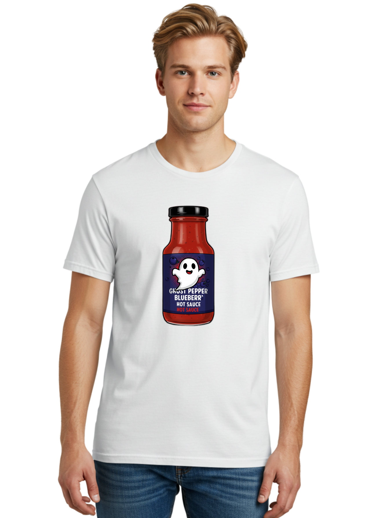 Ghost-Pepper-Blueburr-Hot-Sauce Men'S Graphic Tee, 100% Cotton, Comfortable Casual Summer Wear, Machine Washable, Hot Sauce, Spicy Condiment, Ghost Pepper, Blueberry Flavor, Condiment Bottle, Sauce Label, Spicy Food, Flavorful Sauce, Baa734