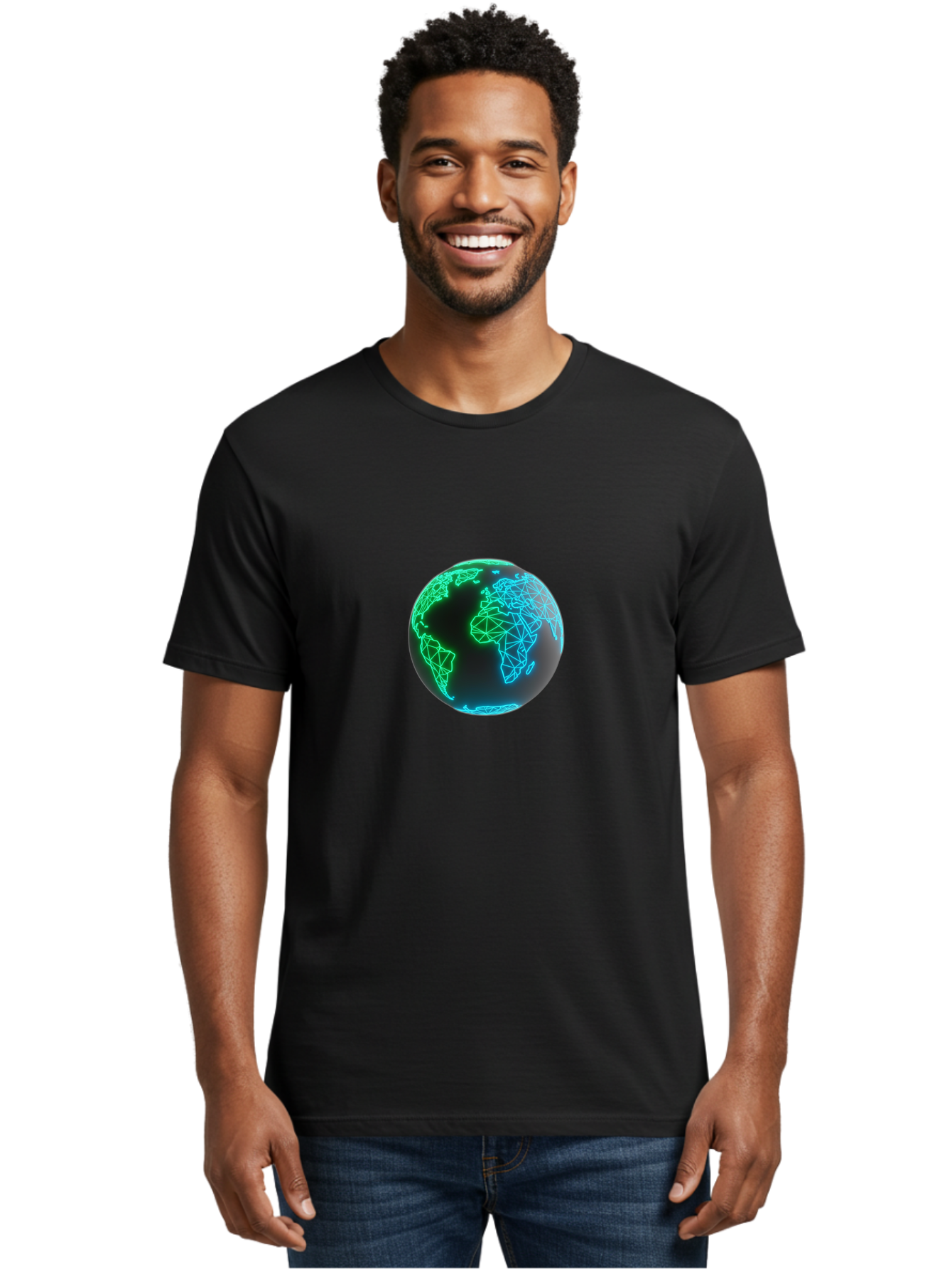 Globe-10 Men'S Graphic Tee, 100% Cotton, Comfortable Casual Summer Wear, Machine Washable, Globe, World Map, Digital Art, Neon Lights, Blue And Green Hues, Futuristic Design, Network Connections, Global Unity, 3D Rendering Baa739