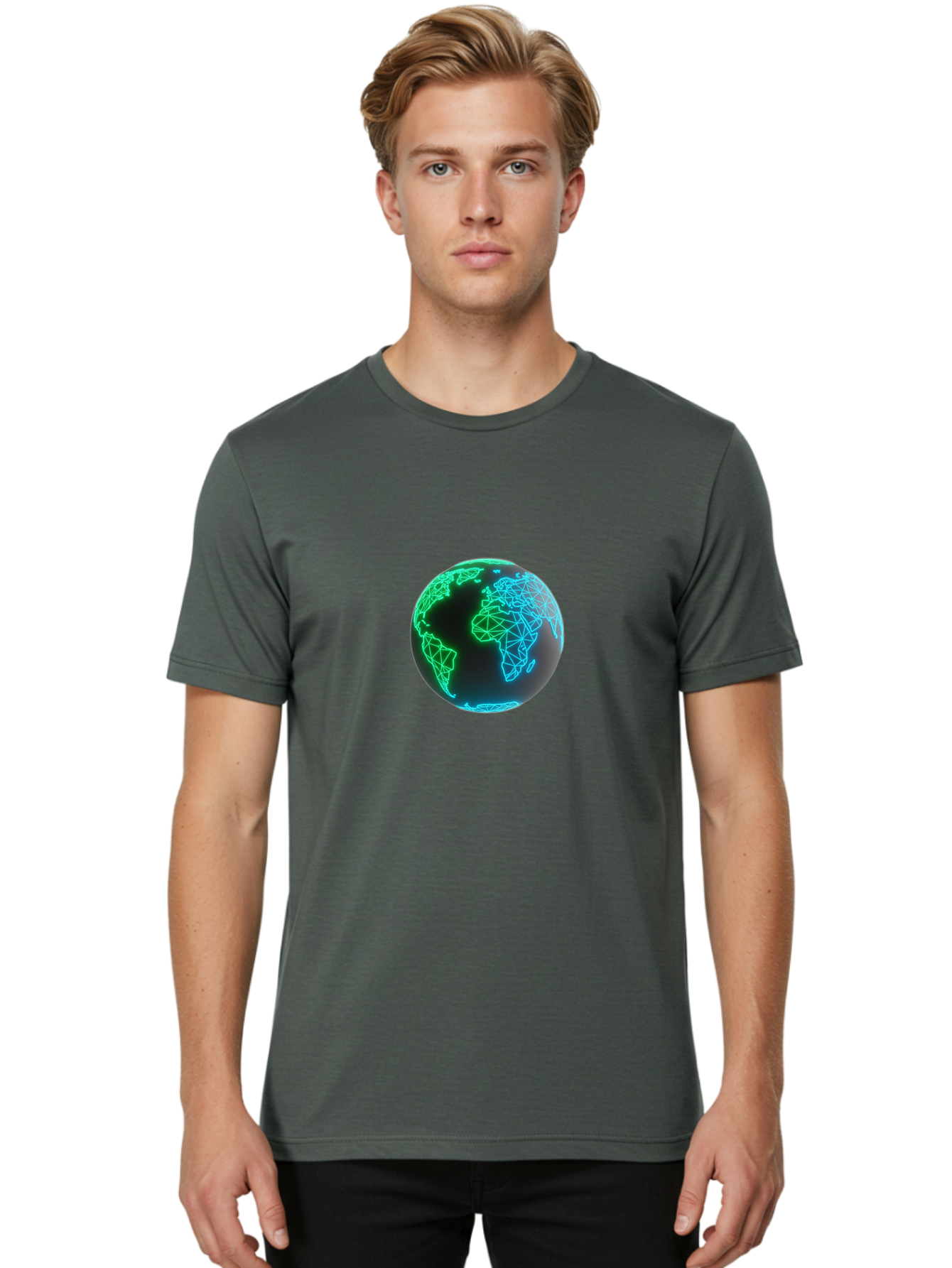 Globe-10 Men'S Graphic Tee, 100% Cotton, Comfortable Casual Summer Wear, Machine Washable, Globe, World Map, Digital Art, Neon Lights, Blue And Green Hues, Futuristic Design, Network Connections, Global Unity, 3D Rendering Baa739