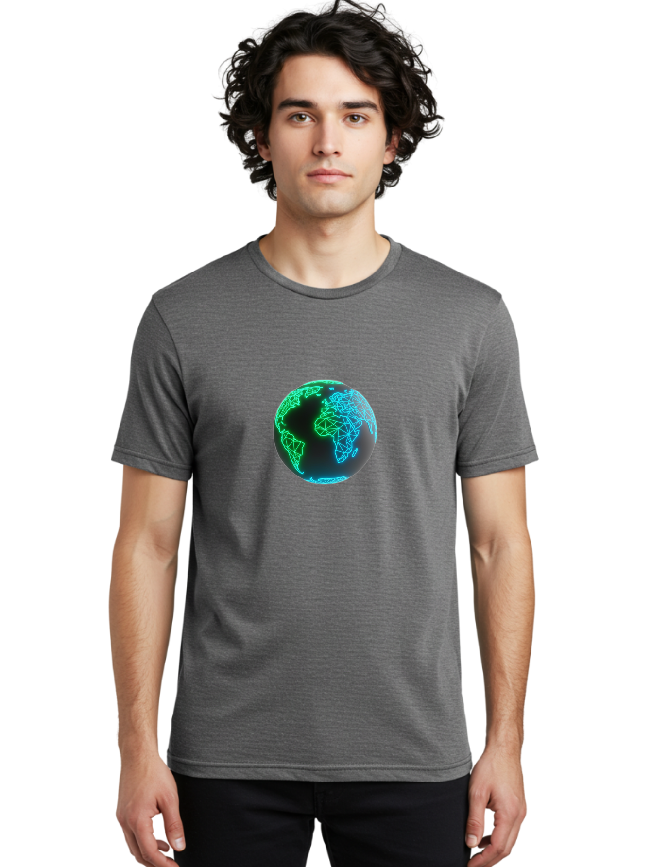 Globe-10 Men'S Graphic Tee, 100% Cotton, Comfortable Casual Summer Wear, Machine Washable, Globe, World Map, Digital Art, Neon Lights, Blue And Green Hues, Futuristic Design, Network Connections, Global Unity, 3D Rendering Baa739