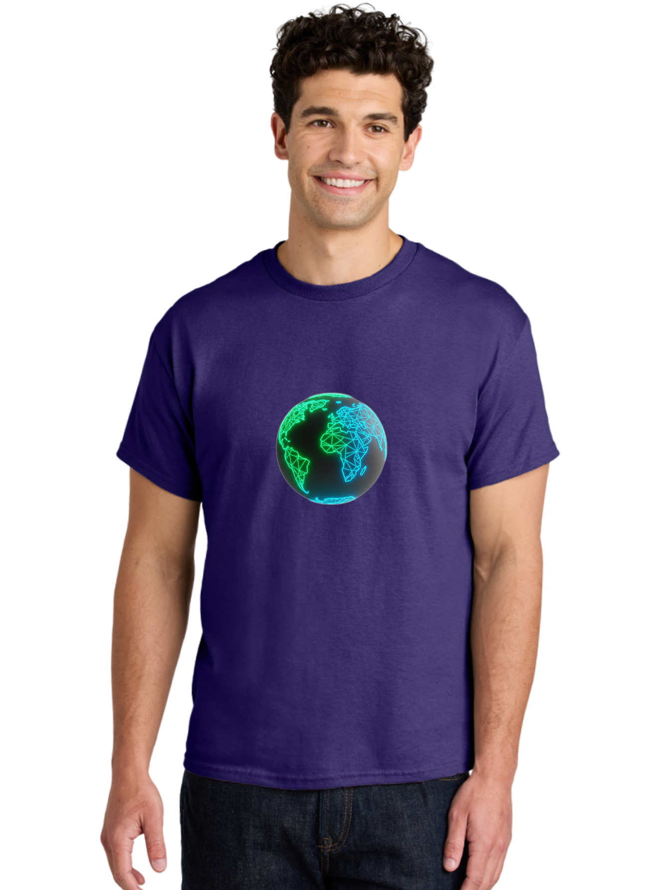 Globe-10 Men'S Graphic Tee, 100% Cotton, Comfortable Casual Summer Wear, Machine Washable, Globe, World Map, Digital Art, Neon Lights, Blue And Green Hues, Futuristic Design, Network Connections, Global Unity, 3D Rendering Baa739