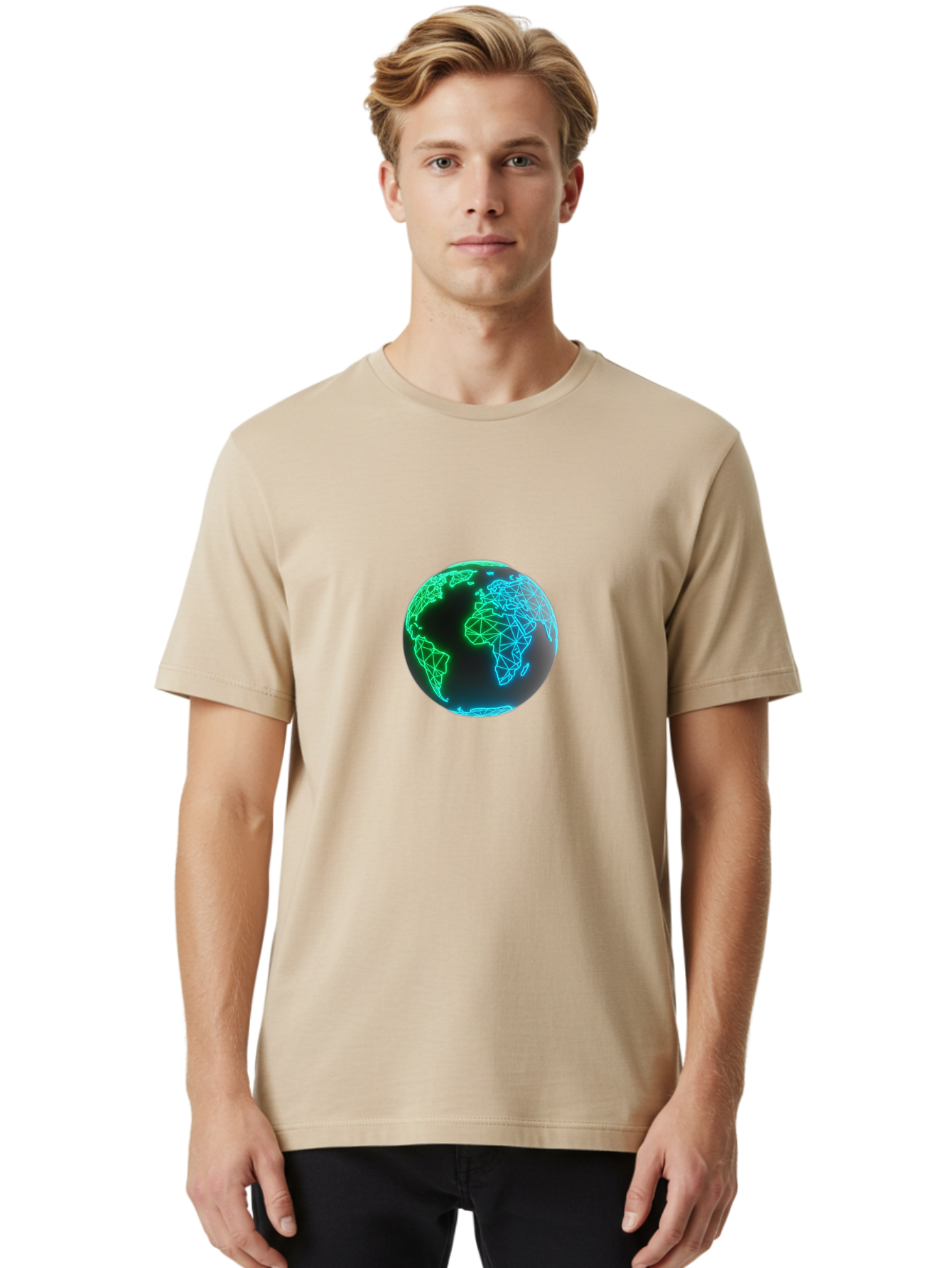 Globe-10 Men'S Graphic Tee, 100% Cotton, Comfortable Casual Summer Wear, Machine Washable, Globe, World Map, Digital Art, Neon Lights, Blue And Green Hues, Futuristic Design, Network Connections, Global Unity, 3D Rendering Baa739