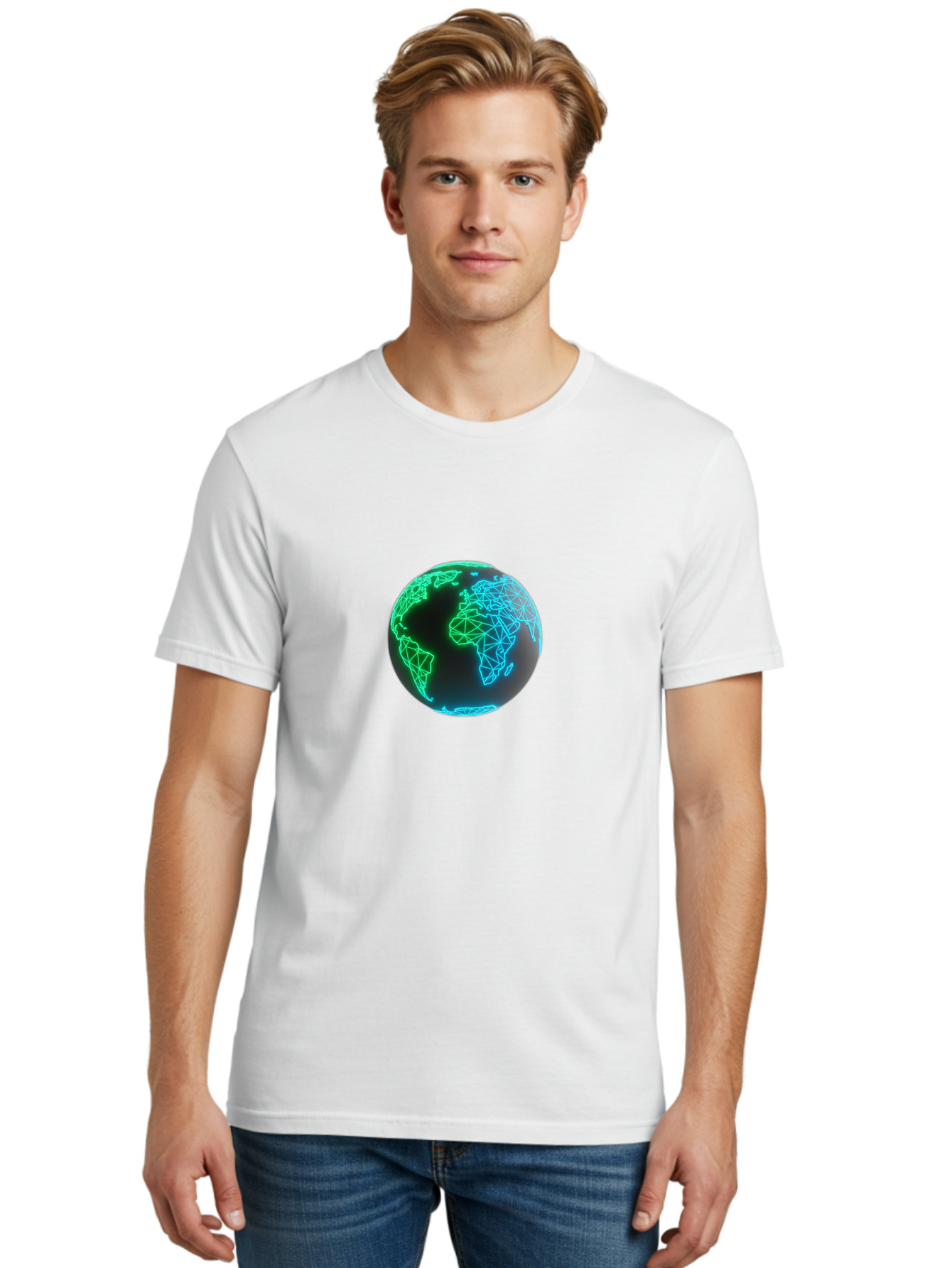 Globe-10 Men'S Graphic Tee, 100% Cotton, Comfortable Casual Summer Wear, Machine Washable, Globe, World Map, Digital Art, Neon Lights, Blue And Green Hues, Futuristic Design, Network Connections, Global Unity, 3D Rendering Baa739