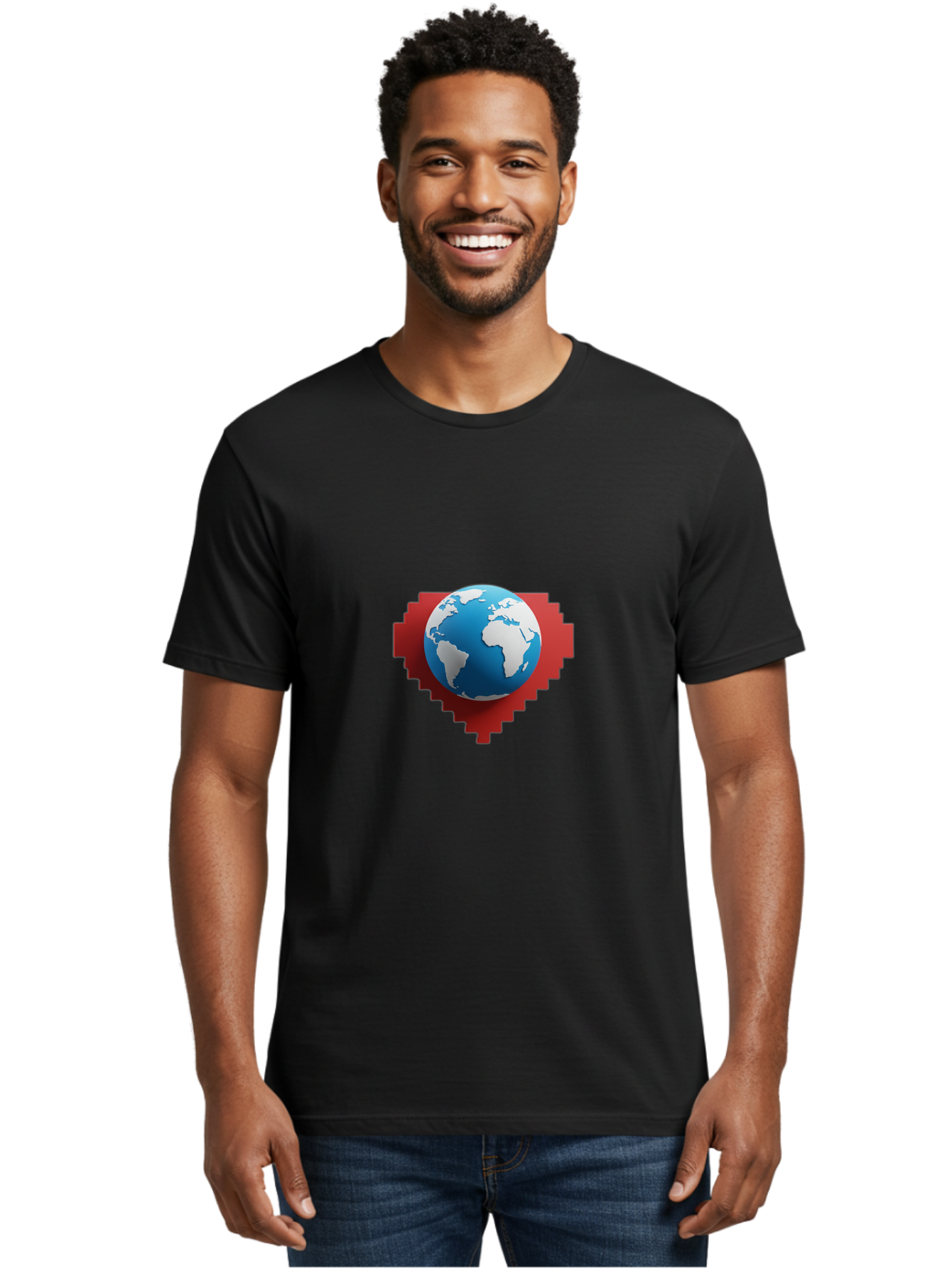 Globe-4 Men'S Graphic Tee, 100% Cotton, Comfortable Casual Summer Wear, Machine Washable, Globe Centered On Red Heart, Global Unity, Love For Earth, World Harmony, Digital Illustration, 3D Globe, Heart Shape, International Cooperation, Baa744