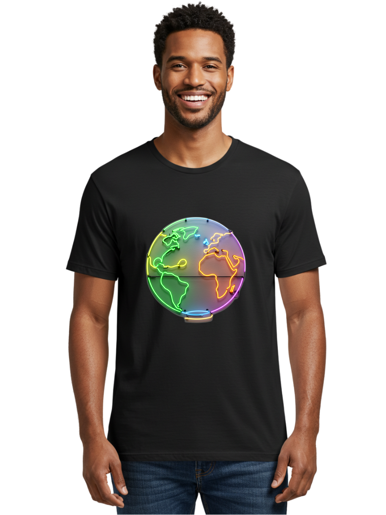 Globe-6 Men'S Graphic Tee, 100% Cotton, Comfortable Casual Summer Wear, Machine Washable, Neon Globe, World Map, Colorful Signage, Led Light Art, Global Navigation, Earth Signage, Colorful Decoration, Neon Lights Baa746