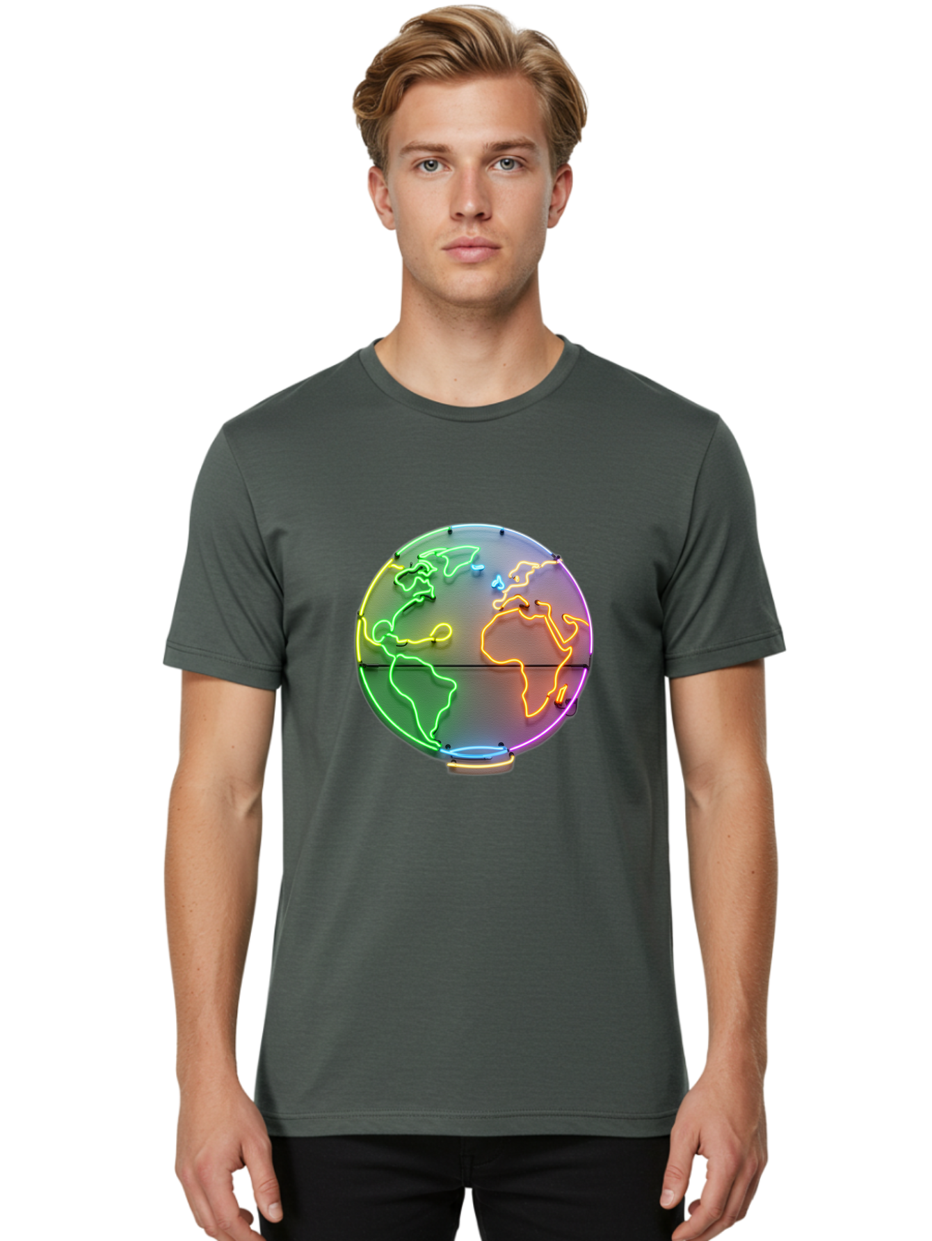 Globe-6 Men'S Graphic Tee, 100% Cotton, Comfortable Casual Summer Wear, Machine Washable, Neon Globe, World Map, Colorful Signage, Led Light Art, Global Navigation, Earth Signage, Colorful Decoration, Neon Lights Baa746