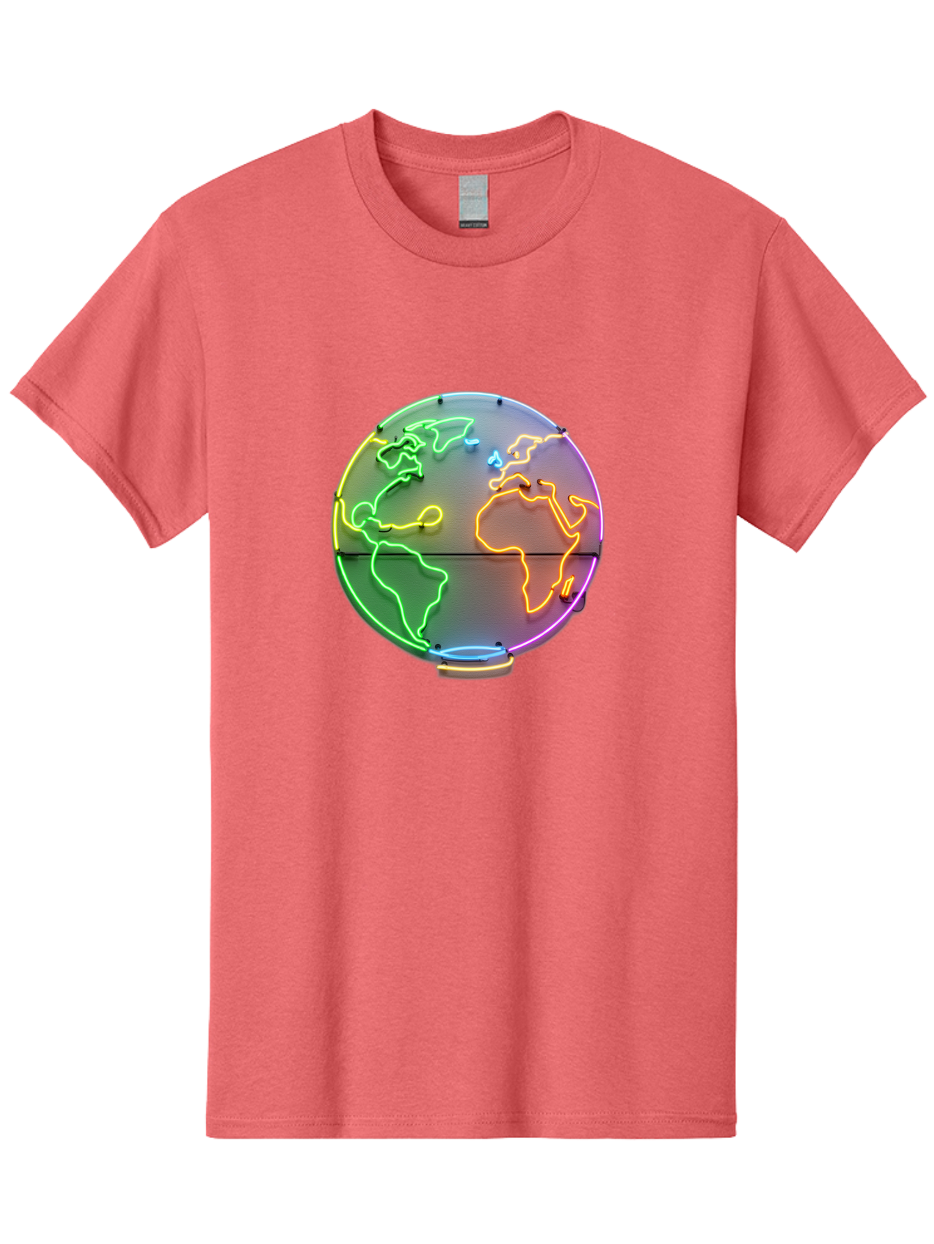 Globe-6 Men'S Graphic Tee, 100% Cotton, Comfortable Casual Summer Wear, Machine Washable, Neon Globe, World Map, Colorful Signage, Led Light Art, Global Navigation, Earth Signage, Colorful Decoration, Neon Lights Baa746