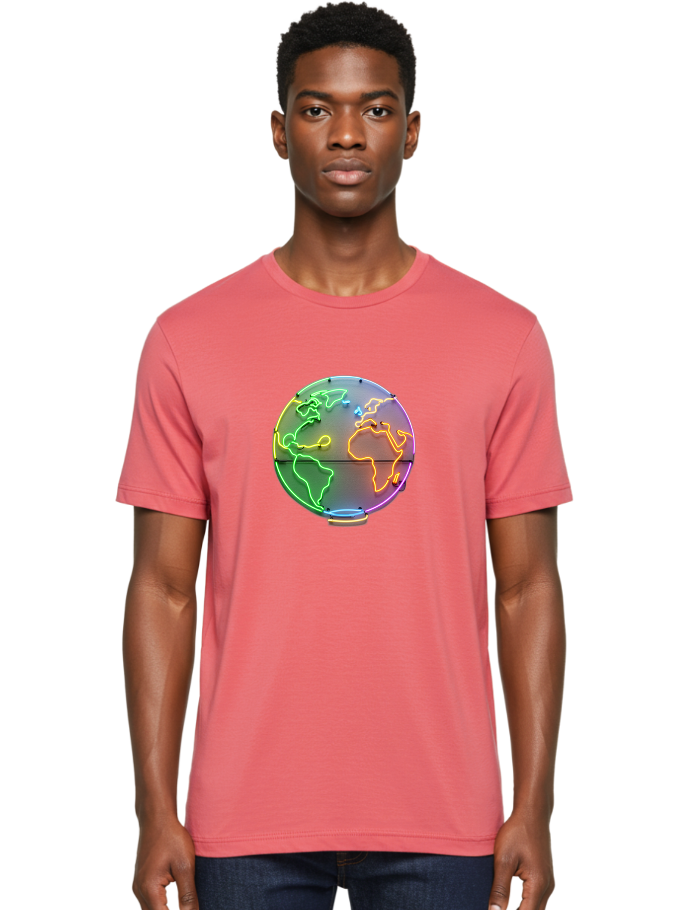 Globe-6 Men'S Graphic Tee, 100% Cotton, Comfortable Casual Summer Wear, Machine Washable, Neon Globe, World Map, Colorful Signage, Led Light Art, Global Navigation, Earth Signage, Colorful Decoration, Neon Lights Baa746