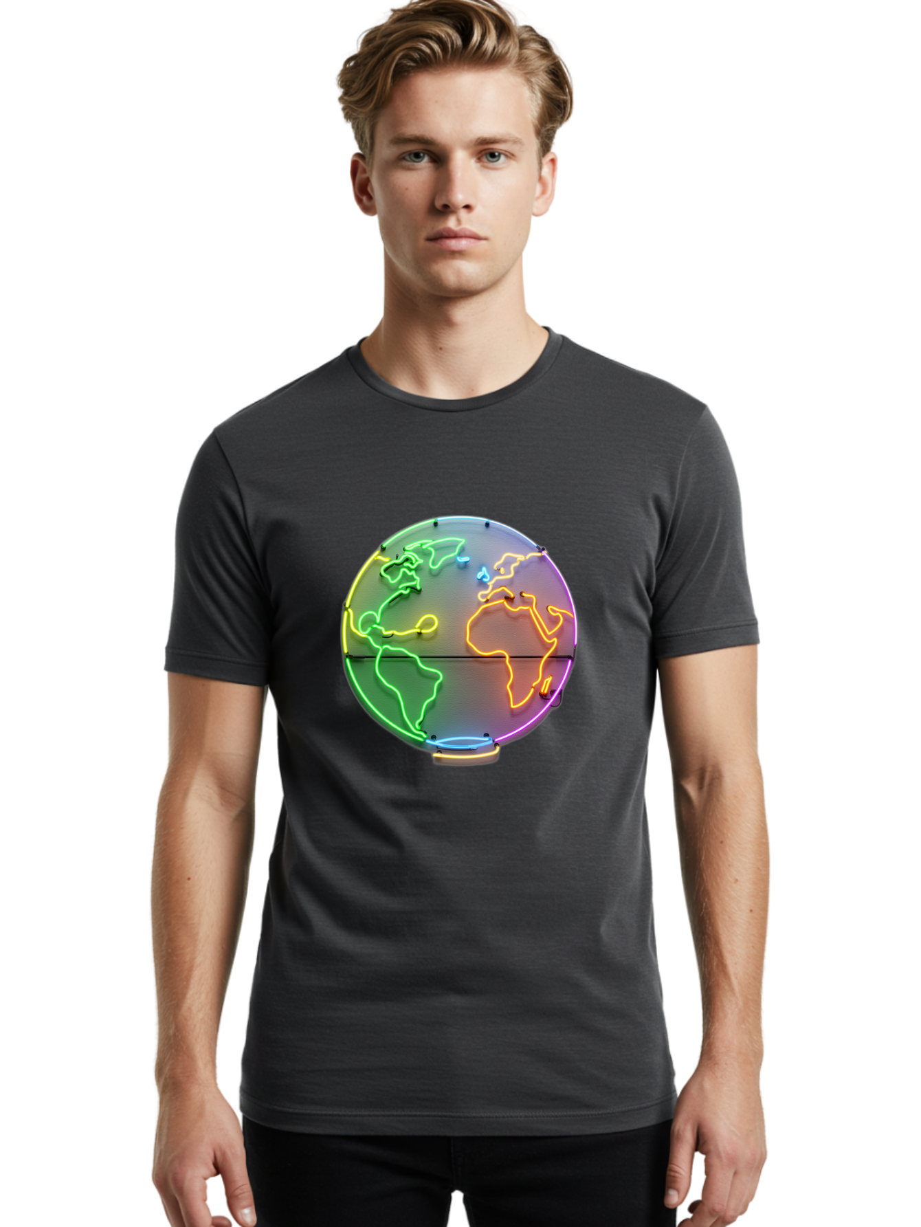 Globe-6 Men'S Graphic Tee, 100% Cotton, Comfortable Casual Summer Wear, Machine Washable, Neon Globe, World Map, Colorful Signage, Led Light Art, Global Navigation, Earth Signage, Colorful Decoration, Neon Lights Baa746