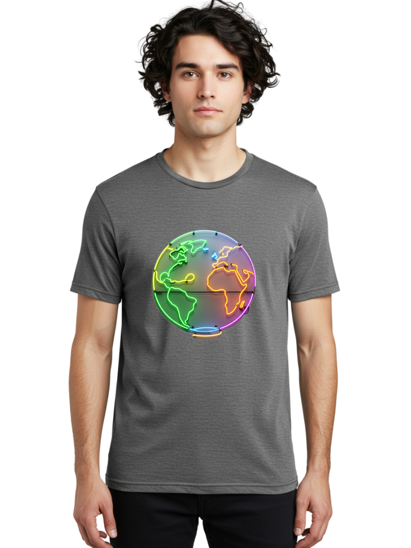 Globe-6 Men'S Graphic Tee, 100% Cotton, Comfortable Casual Summer Wear, Machine Washable, Neon Globe, World Map, Colorful Signage, Led Light Art, Global Navigation, Earth Signage, Colorful Decoration, Neon Lights Baa746