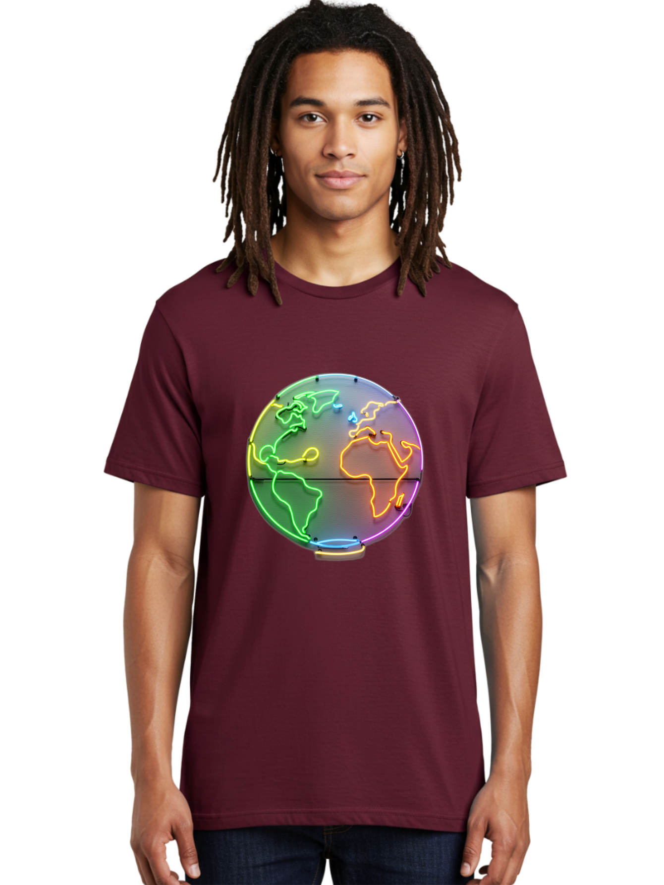 Globe-6 Men'S Graphic Tee, 100% Cotton, Comfortable Casual Summer Wear, Machine Washable, Neon Globe, World Map, Colorful Signage, Led Light Art, Global Navigation, Earth Signage, Colorful Decoration, Neon Lights Baa746