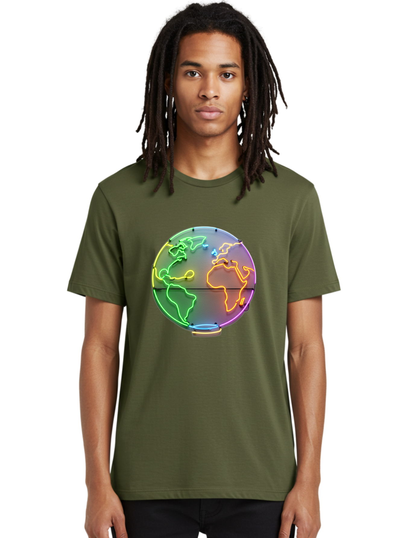 Globe-6 Men'S Graphic Tee, 100% Cotton, Comfortable Casual Summer Wear, Machine Washable, Neon Globe, World Map, Colorful Signage, Led Light Art, Global Navigation, Earth Signage, Colorful Decoration, Neon Lights Baa746