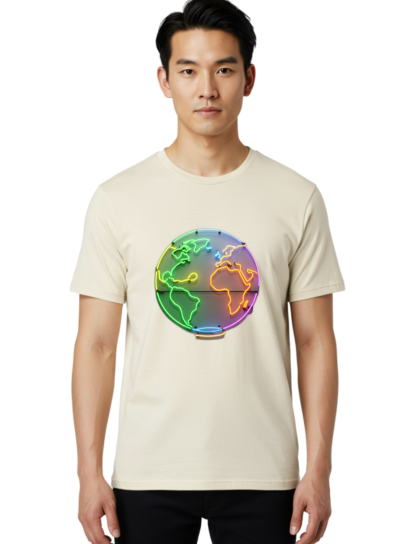 Globe-6 Men'S Graphic Tee, 100% Cotton, Comfortable Casual Summer Wear, Machine Washable, Neon Globe, World Map, Colorful Signage, Led Light Art, Global Navigation, Earth Signage, Colorful Decoration, Neon Lights Baa746