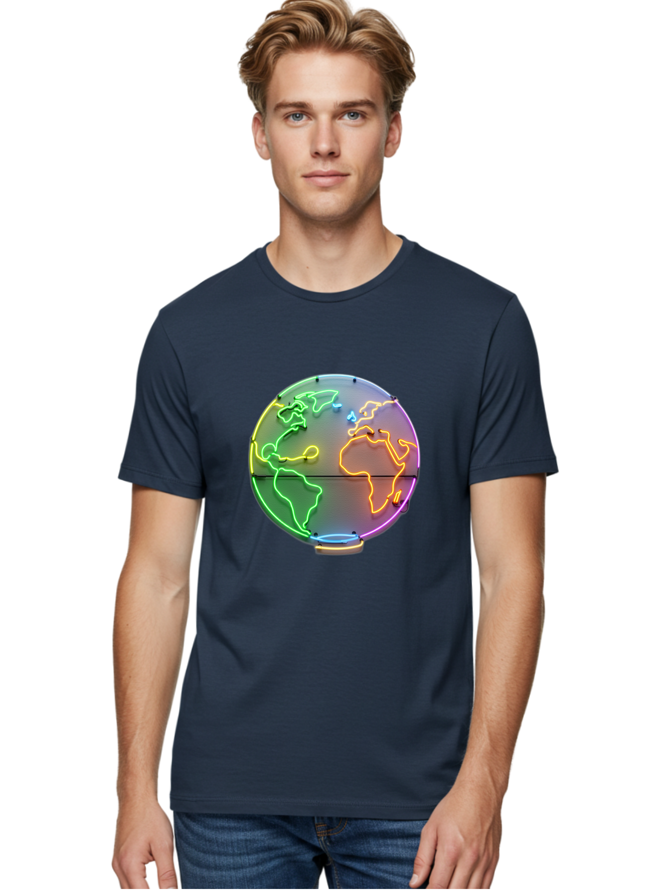 Globe-6 Men'S Graphic Tee, 100% Cotton, Comfortable Casual Summer Wear, Machine Washable, Neon Globe, World Map, Colorful Signage, Led Light Art, Global Navigation, Earth Signage, Colorful Decoration, Neon Lights Baa746