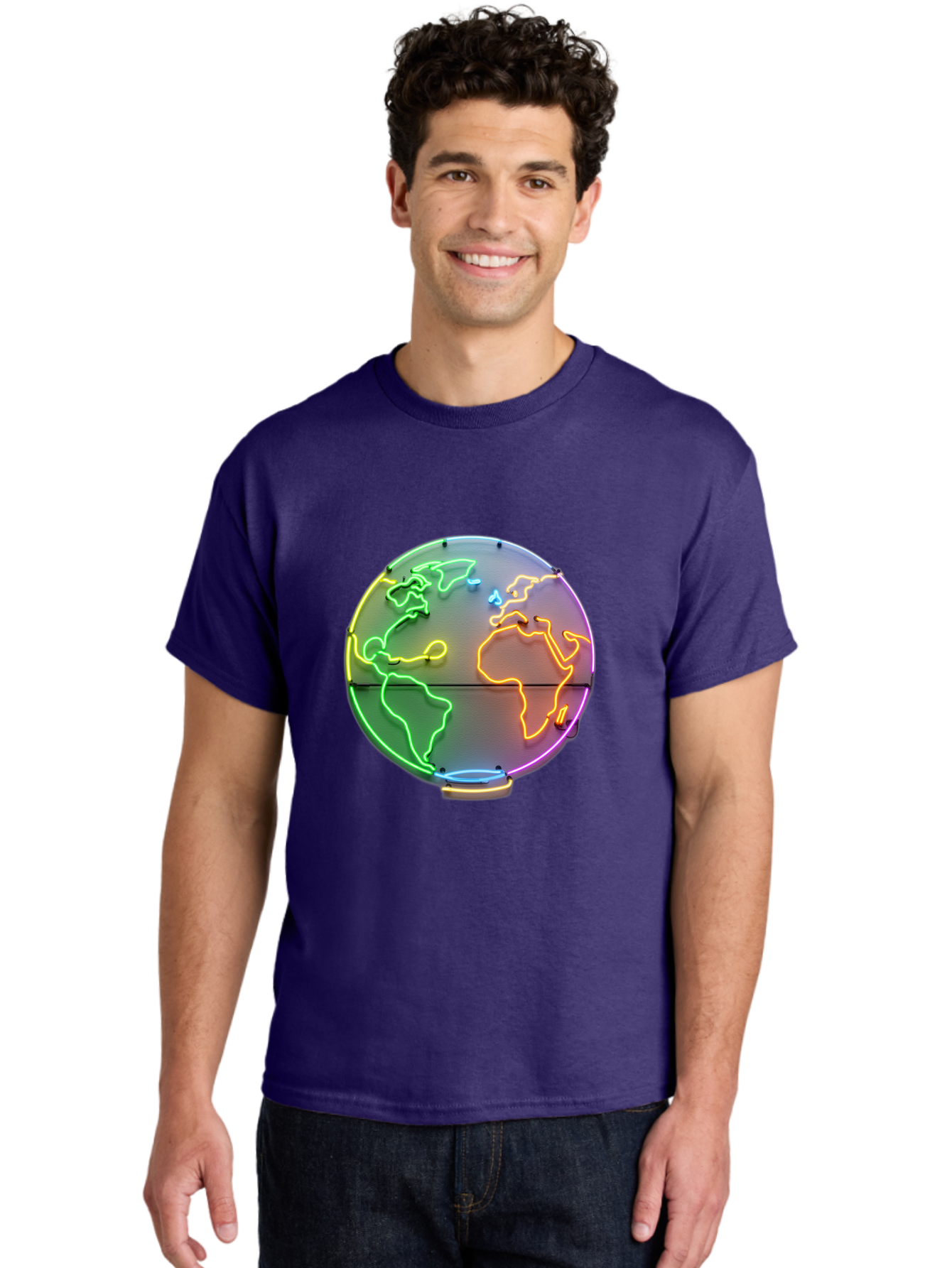 Globe-6 Men'S Graphic Tee, 100% Cotton, Comfortable Casual Summer Wear, Machine Washable, Neon Globe, World Map, Colorful Signage, Led Light Art, Global Navigation, Earth Signage, Colorful Decoration, Neon Lights Baa746