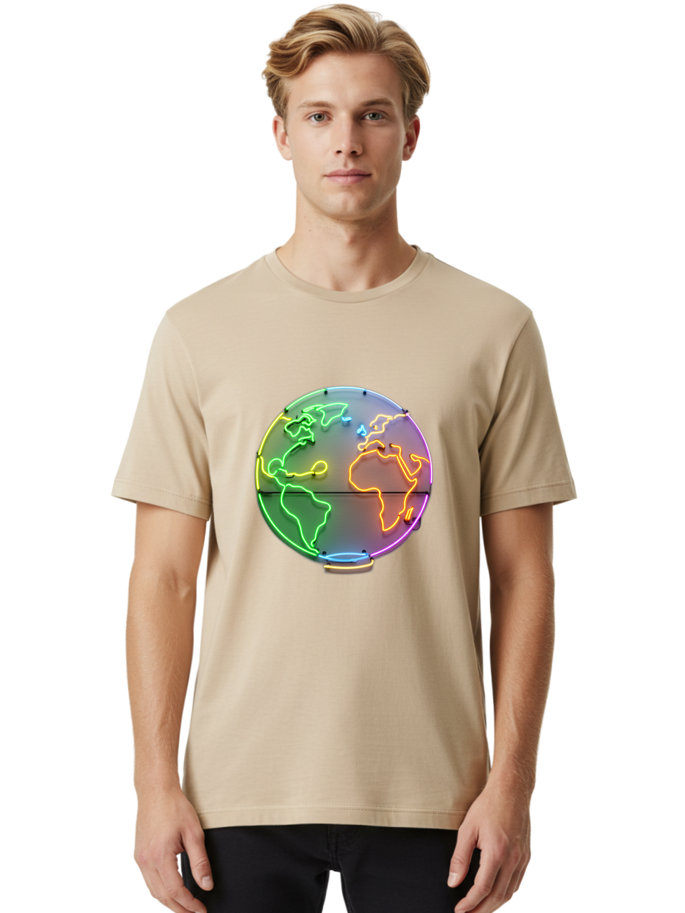 Globe-6 Men'S Graphic Tee, 100% Cotton, Comfortable Casual Summer Wear, Machine Washable, Neon Globe, World Map, Colorful Signage, Led Light Art, Global Navigation, Earth Signage, Colorful Decoration, Neon Lights Baa746