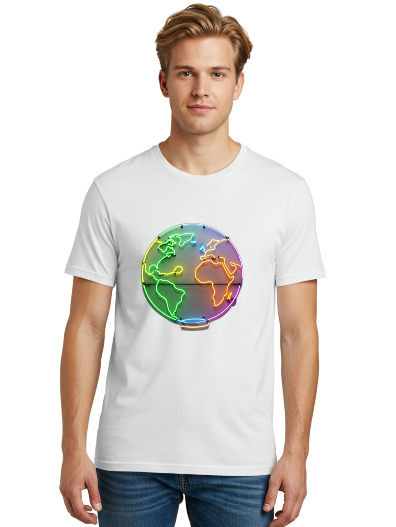 Globe-6 Men'S Graphic Tee, 100% Cotton, Comfortable Casual Summer Wear, Machine Washable, Neon Globe, World Map, Colorful Signage, Led Light Art, Global Navigation, Earth Signage, Colorful Decoration, Neon Lights Baa746