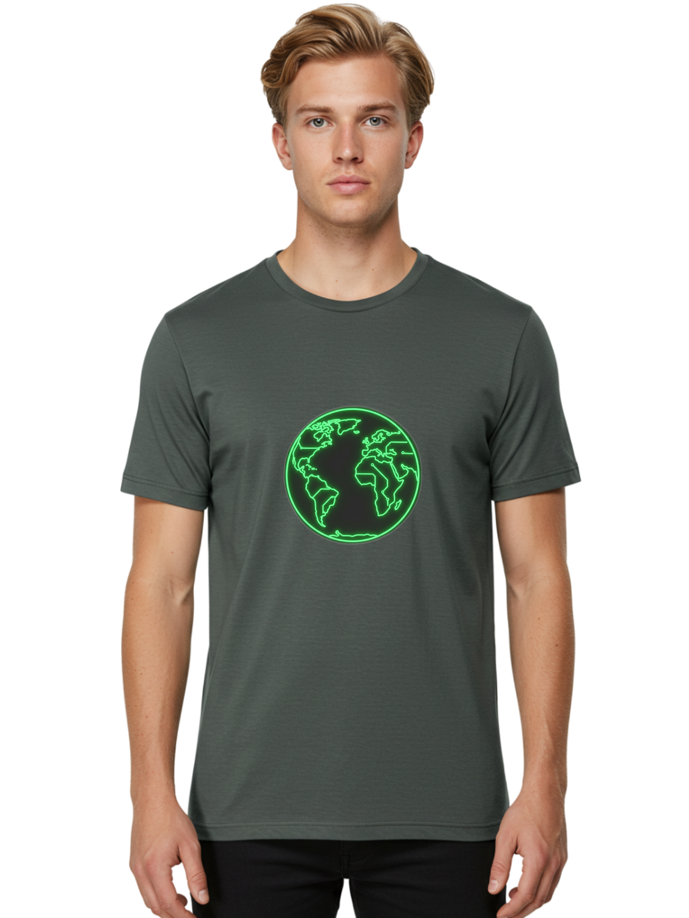 Globe-7 Men'S Graphic Tee, 100% Cotton, Comfortable Casual Summer Wear, Machine Washable, Globe Icon, World Map, Global Illustration, Neon Outline, Minimalist Design, Earth Symbol, International Representation Baa747