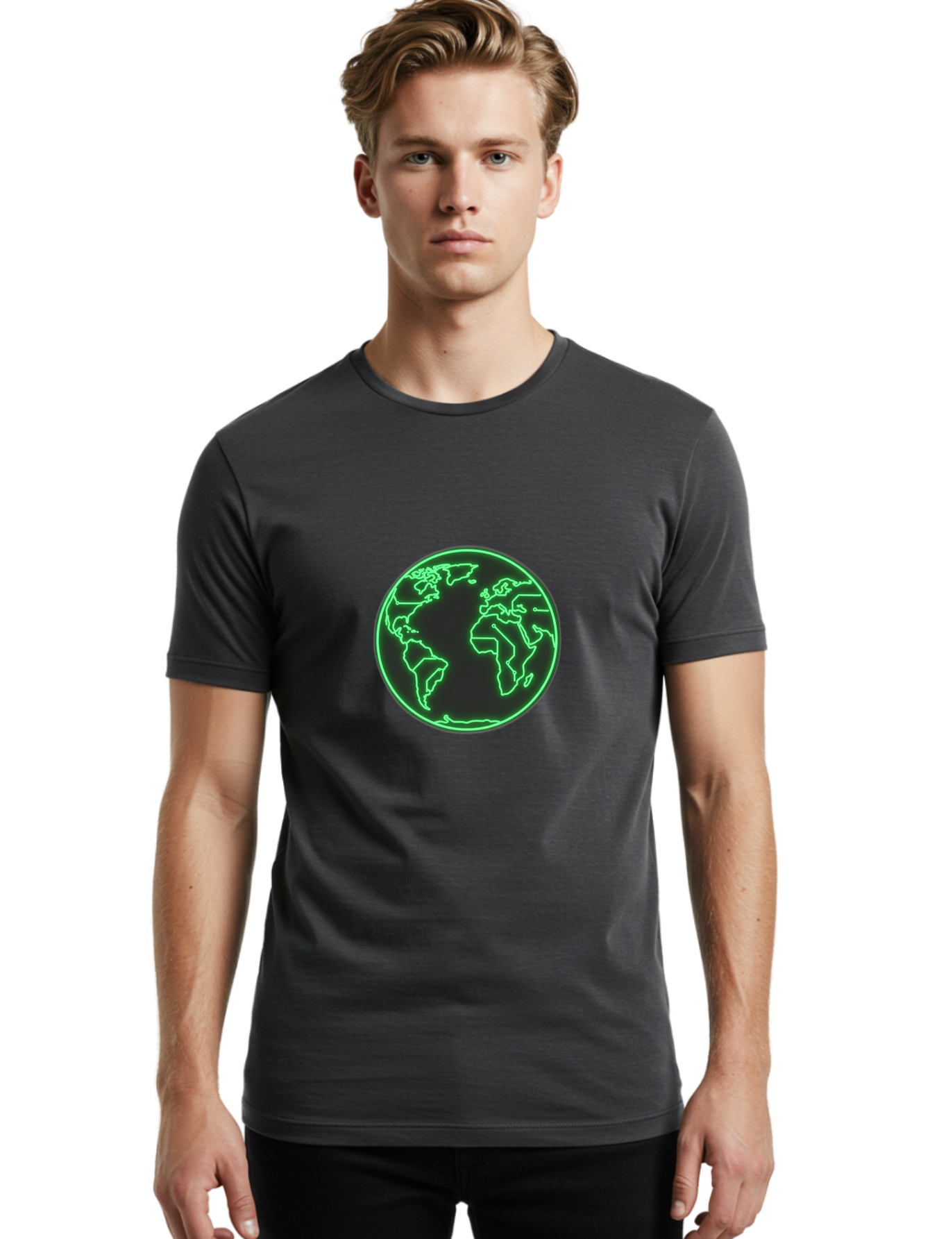 Globe-7 Men'S Graphic Tee, 100% Cotton, Comfortable Casual Summer Wear, Machine Washable, Globe Icon, World Map, Global Illustration, Neon Outline, Minimalist Design, Earth Symbol, International Representation Baa747