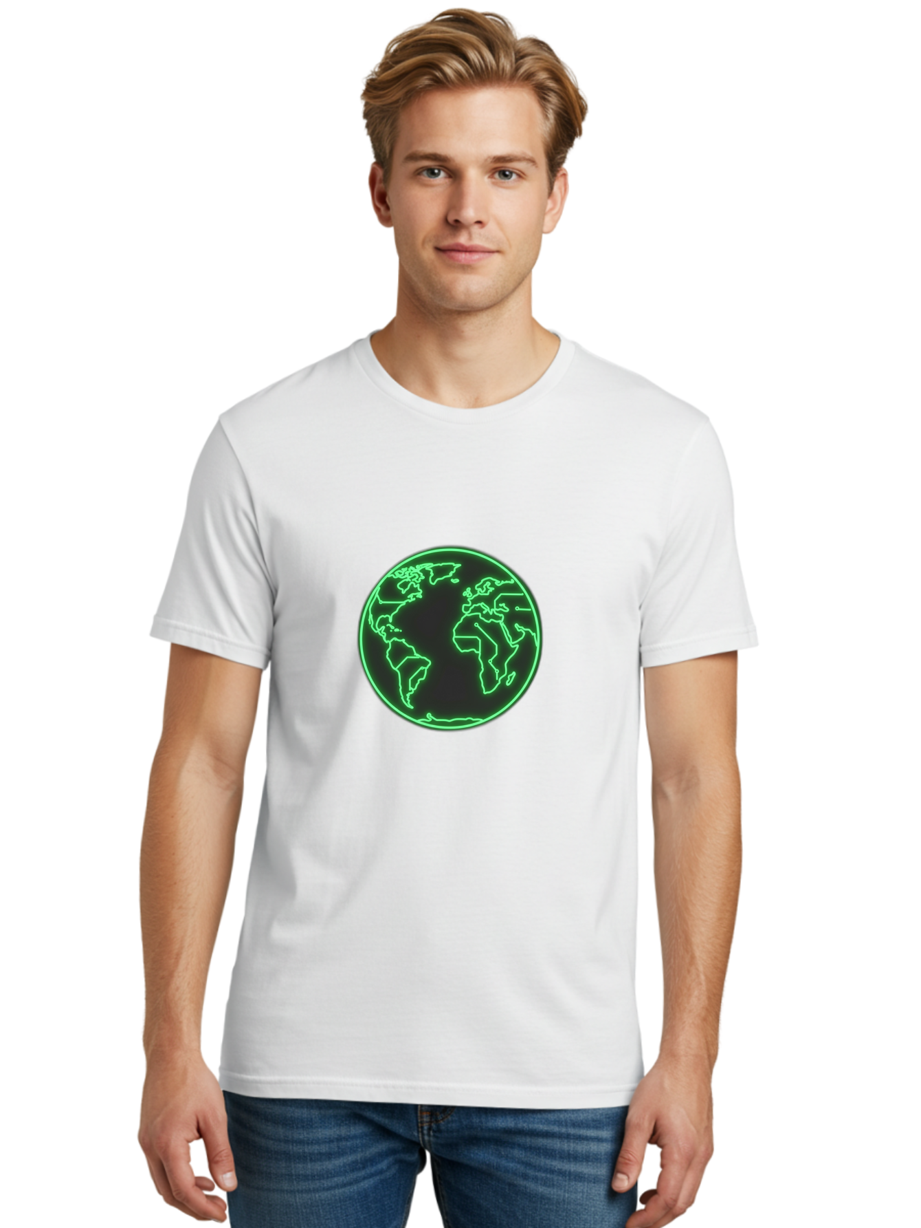 Globe-7 Men'S Graphic Tee, 100% Cotton, Comfortable Casual Summer Wear, Machine Washable, Globe Icon, World Map, Global Illustration, Neon Outline, Minimalist Design, Earth Symbol, International Representation Baa747