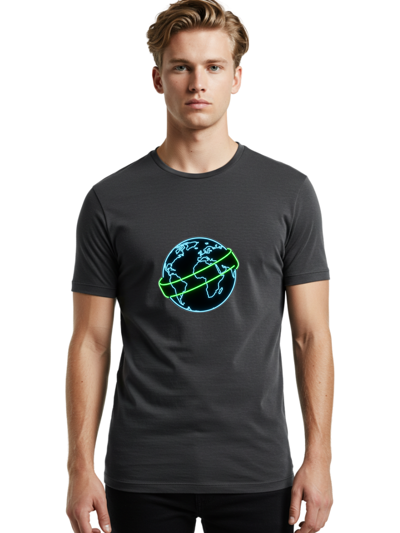 Globe-8 Men'S Graphic Tee, 100% Cotton, Comfortable Casual Summer Wear, Machine Washable, Globe Illustration, Neon Lines, Global Map, Earth Icon, Futuristic Design, Digital Art, World Map Outline, Abstract Globe, Modern Graphic Baa748