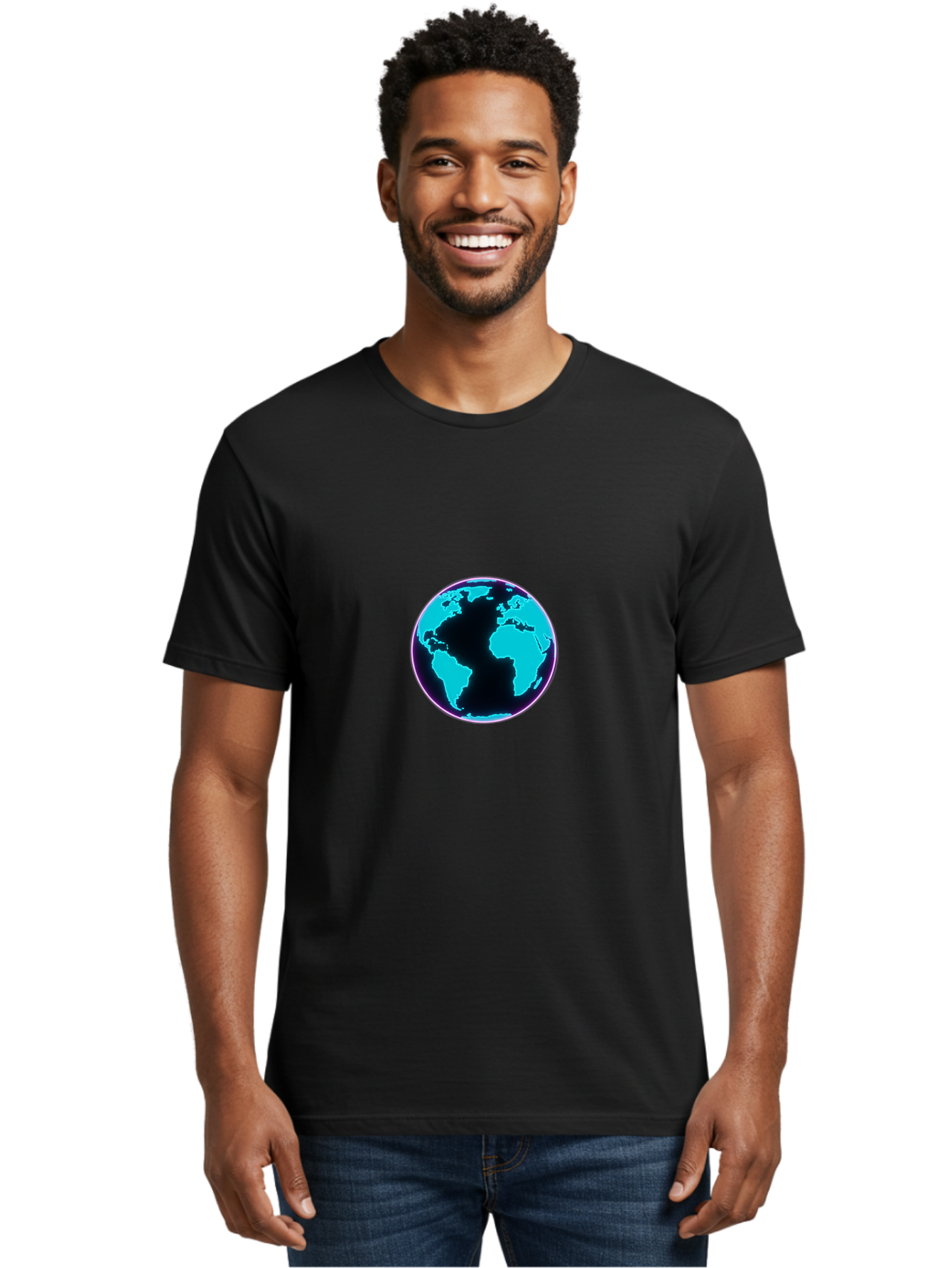 Globe-9 Men'S Graphic Tee, 100% Cotton, Comfortable Casual Summer Wear, Machine Washable, Globe, World Map, Blue And Black Silhouette, Centered, Visual Representation, Earth'S Surface, Americas Centered, Pink Outline, Modern Design, Baa749