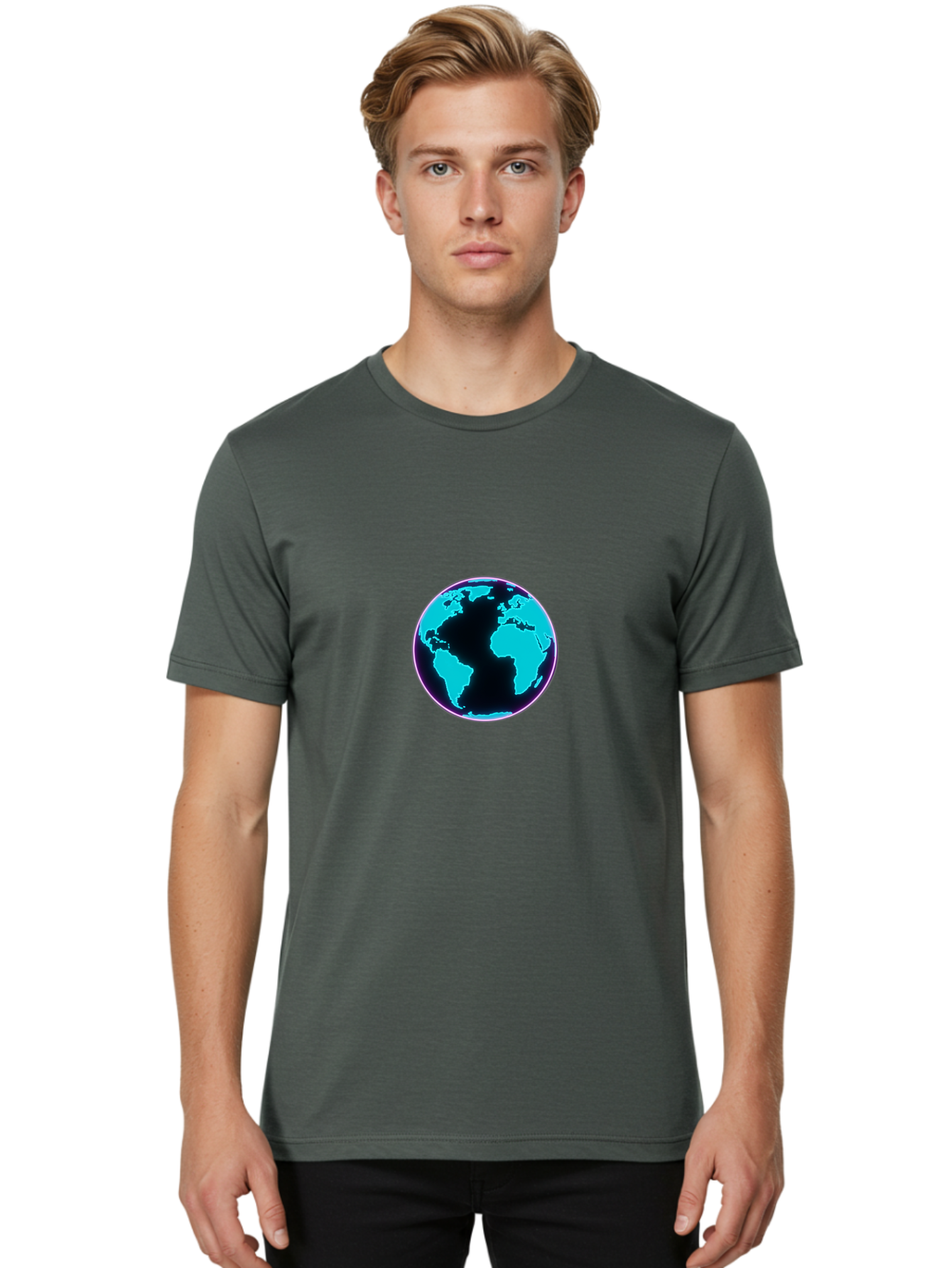 Globe-9 Men'S Graphic Tee, 100% Cotton, Comfortable Casual Summer Wear, Machine Washable, Globe, World Map, Blue And Black Silhouette, Centered, Visual Representation, Earth'S Surface, Americas Centered, Pink Outline, Modern Design, Baa749