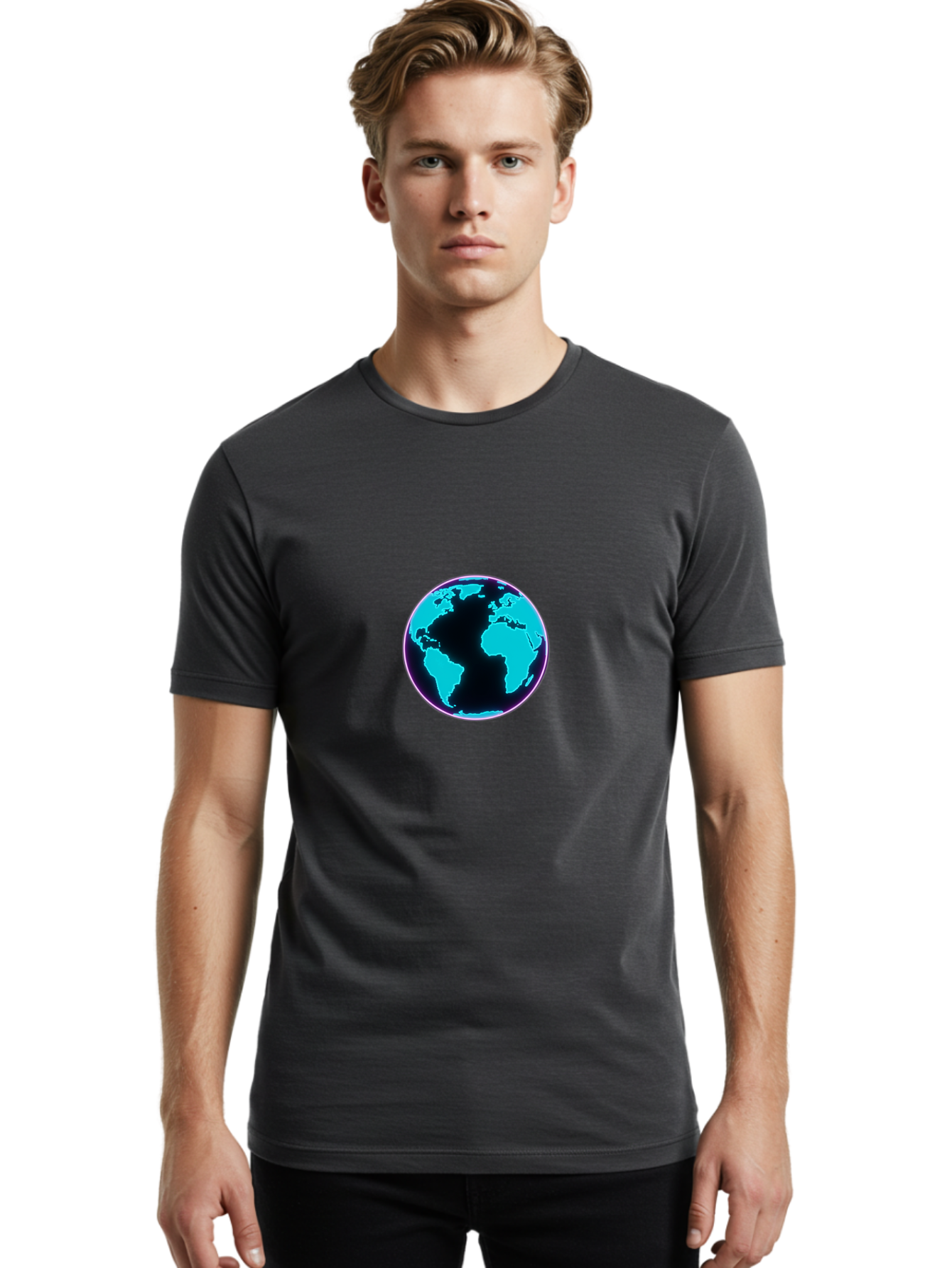 Globe-9 Men'S Graphic Tee, 100% Cotton, Comfortable Casual Summer Wear, Machine Washable, Globe, World Map, Blue And Black Silhouette, Centered, Visual Representation, Earth'S Surface, Americas Centered, Pink Outline, Modern Design, Baa749