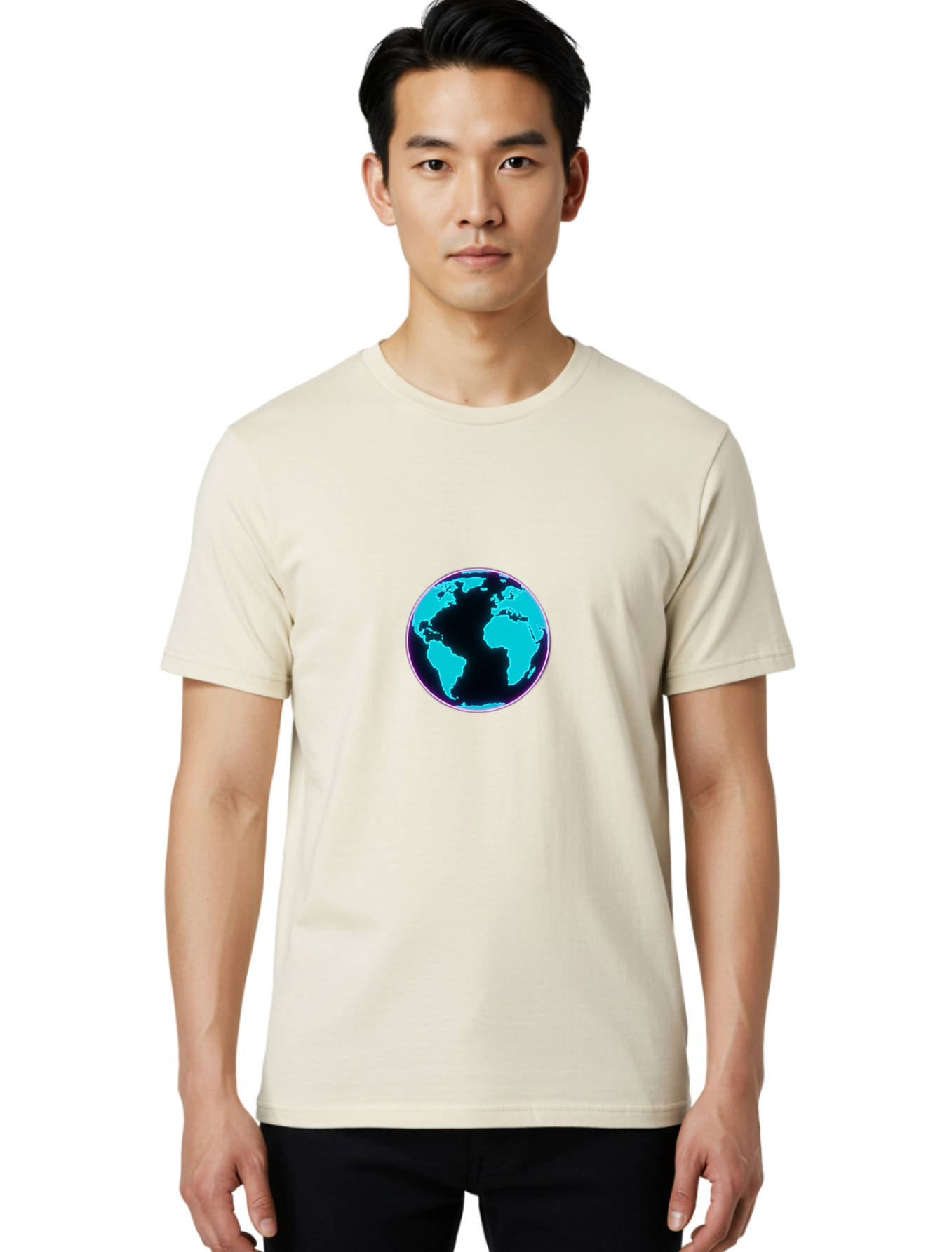 Globe-9 Men'S Graphic Tee, 100% Cotton, Comfortable Casual Summer Wear, Machine Washable, Globe, World Map, Blue And Black Silhouette, Centered, Visual Representation, Earth'S Surface, Americas Centered, Pink Outline, Modern Design, Baa749