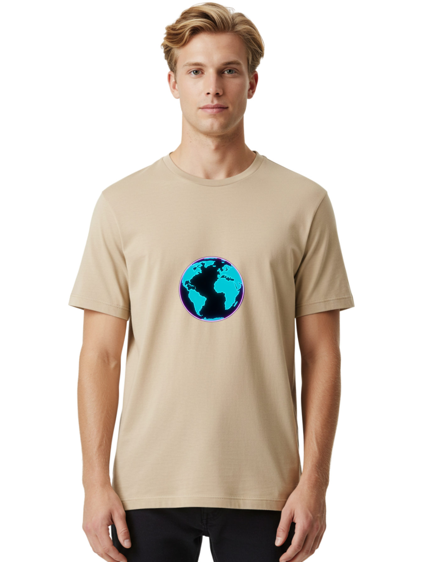 Globe-9 Men'S Graphic Tee, 100% Cotton, Comfortable Casual Summer Wear, Machine Washable, Globe, World Map, Blue And Black Silhouette, Centered, Visual Representation, Earth'S Surface, Americas Centered, Pink Outline, Modern Design, Baa749