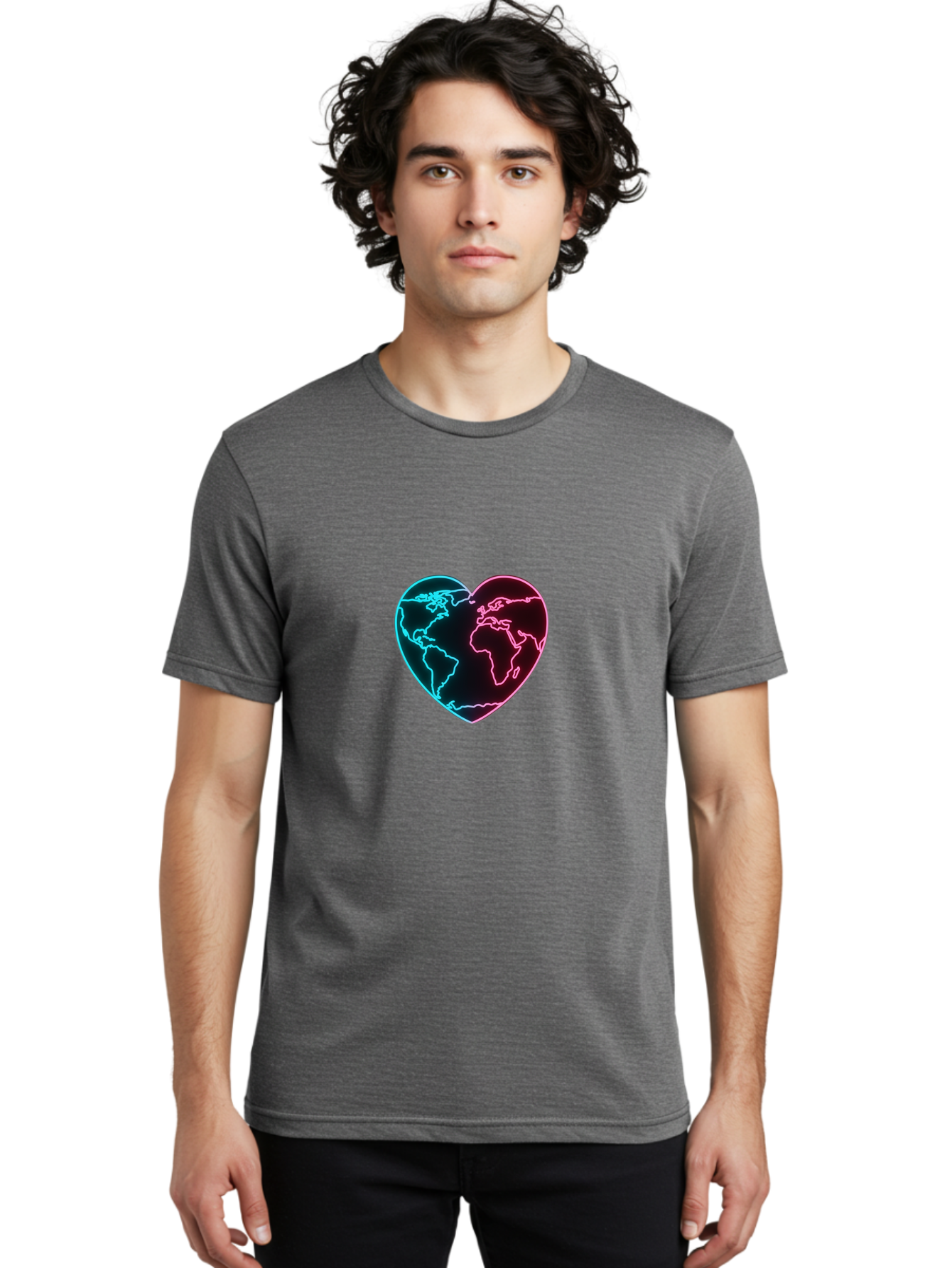 Globe-Heart Men'S Graphic Tee, 100% Cotton, Comfortable Casual Summer Wear, Machine Washable, Glowing World Map, Heart Shape, Neon Light, Global Unity, Love For The Planet, Blue And Pink Glow, Futuristic Design, Symbolic Representation Baa750