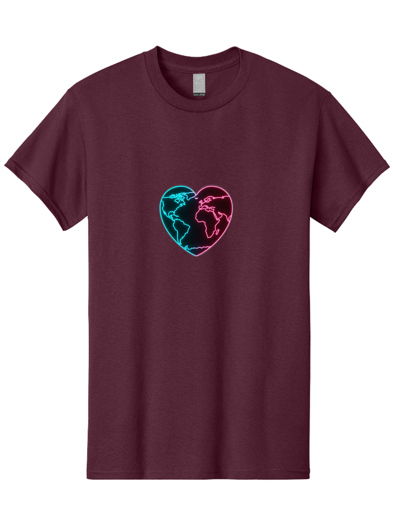 Globe-Heart Men'S Graphic Tee, 100% Cotton, Comfortable Casual Summer Wear, Machine Washable, Glowing World Map, Heart Shape, Neon Light, Global Unity, Love For The Planet, Blue And Pink Glow, Futuristic Design, Symbolic Representation Baa750
