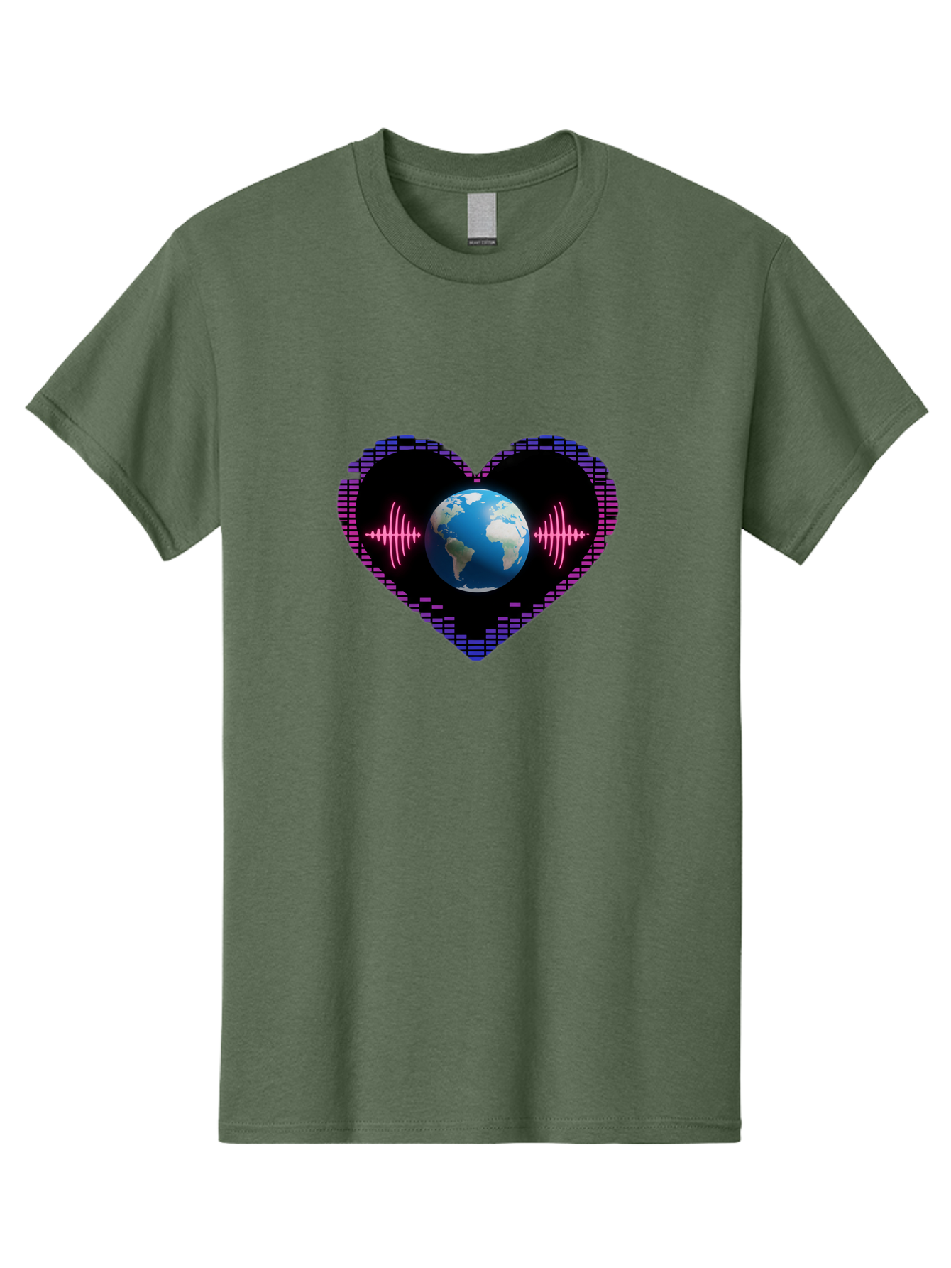 Globe-Heartbeat Men'S Graphic Tee, 100% Cotton, Comfortable Casual Summer Wear, Machine Washable, Globe In Heart Shape, Digital Graphic, Sound Wave, Earth Love, Global Unity, Tech Art, Futuristic Design, Pixel Art Baa751