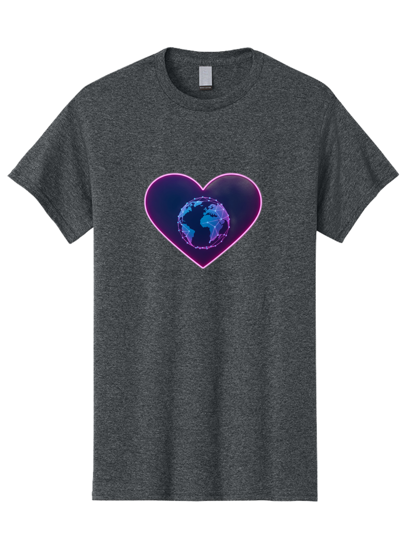 Globe-In-Heart Men'S Graphic Tee, 100% Cotton, Comfortable Casual Summer Wear, Machine Washable, Globe In The Heart, Global Unity, World Love, Interconnectedness, Network Effect, Futuristic Design, Digital Art, Earth Connection Baa754