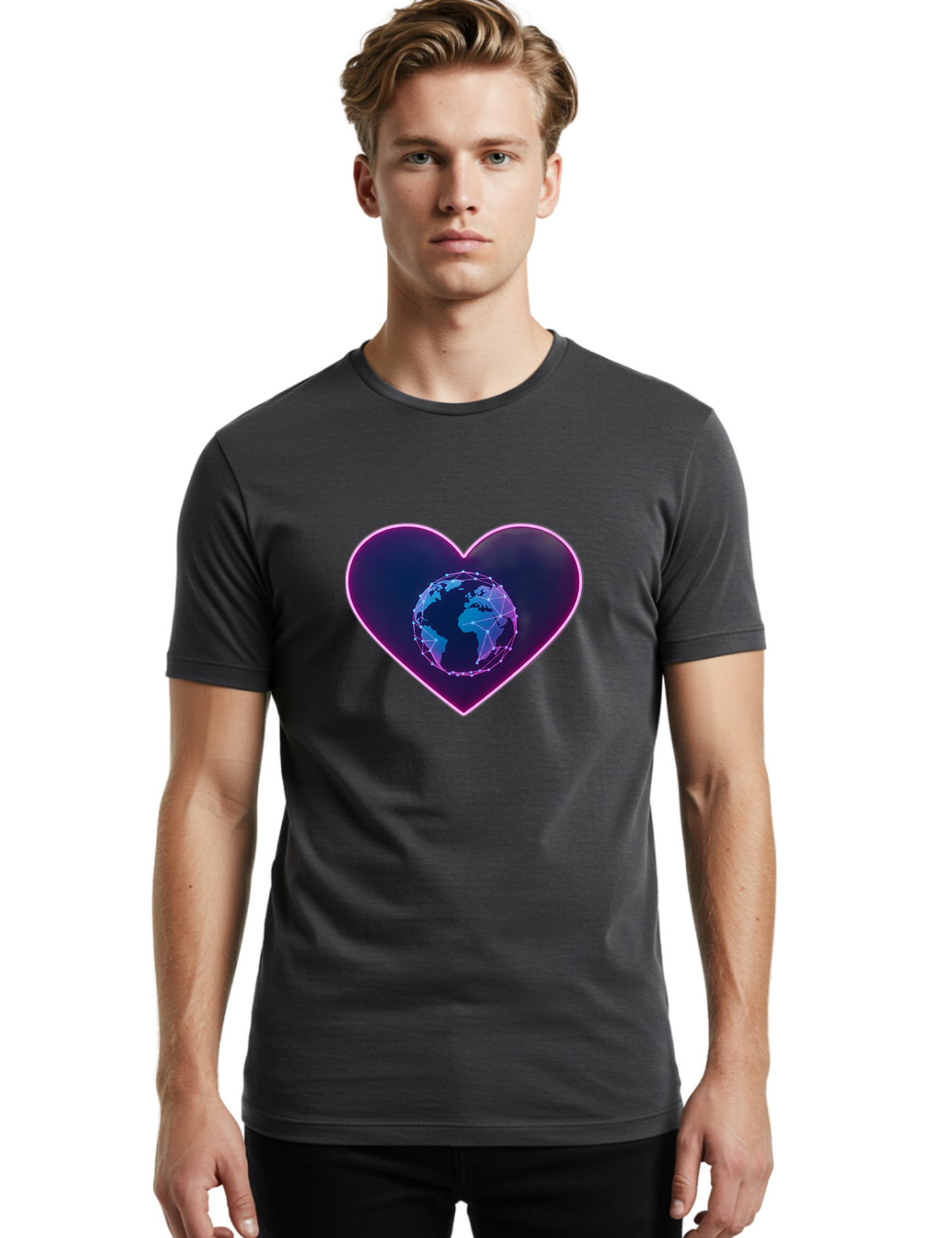 Globe-In-Heart Men'S Graphic Tee, 100% Cotton, Comfortable Casual Summer Wear, Machine Washable, Globe In The Heart, Global Unity, World Love, Interconnectedness, Network Effect, Futuristic Design, Digital Art, Earth Connection Baa754