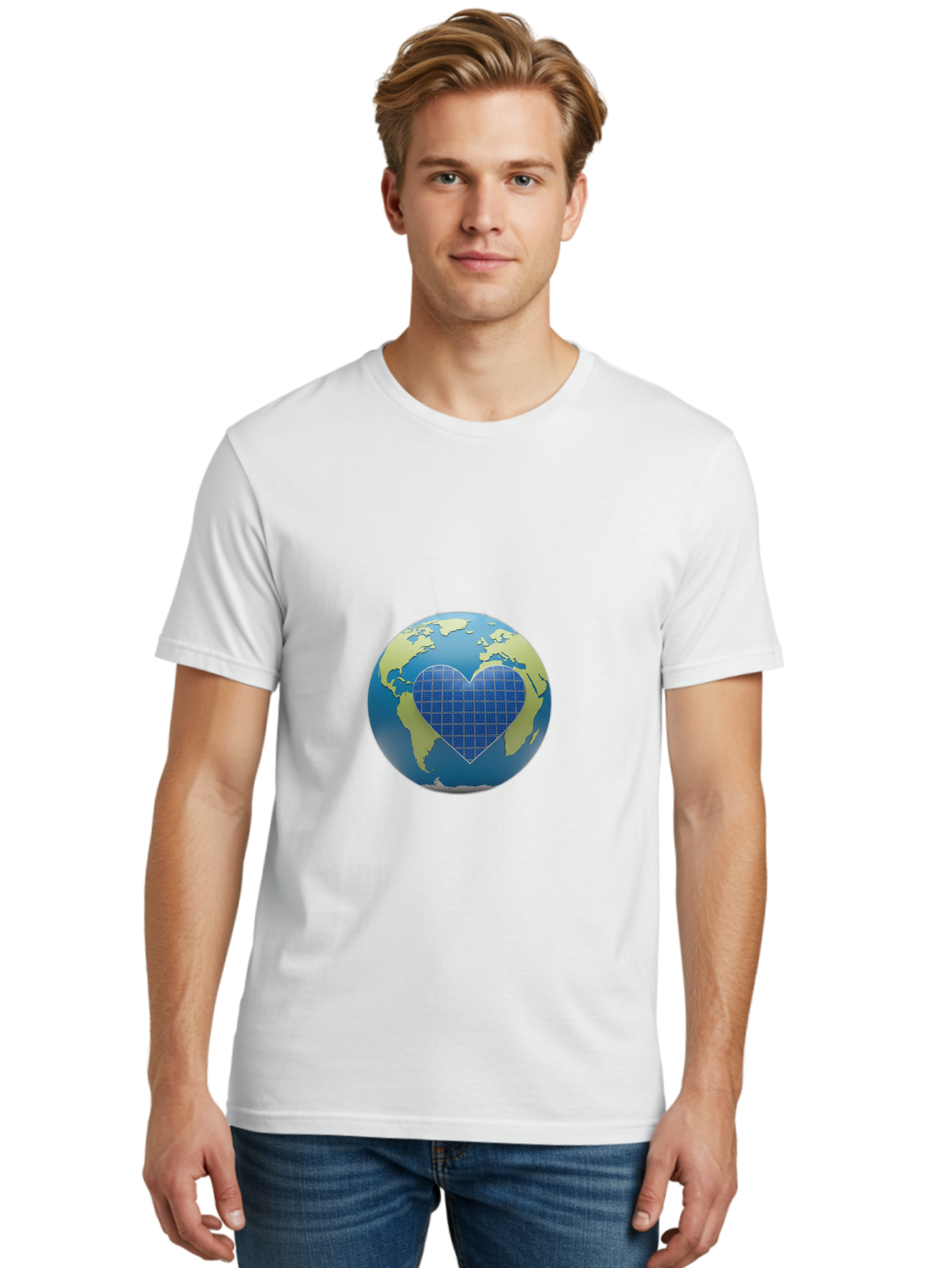 Globe-With-Heart Men'S Graphic Tee, 100% Cotton, Comfortable Casual Summer Wear, Machine Washable, Globe With Heart Shape, World Map, Love For The Planet, Eco-Friendly, Sustainable Living, Global Unity, Heart-Shaped Grid, Baa755