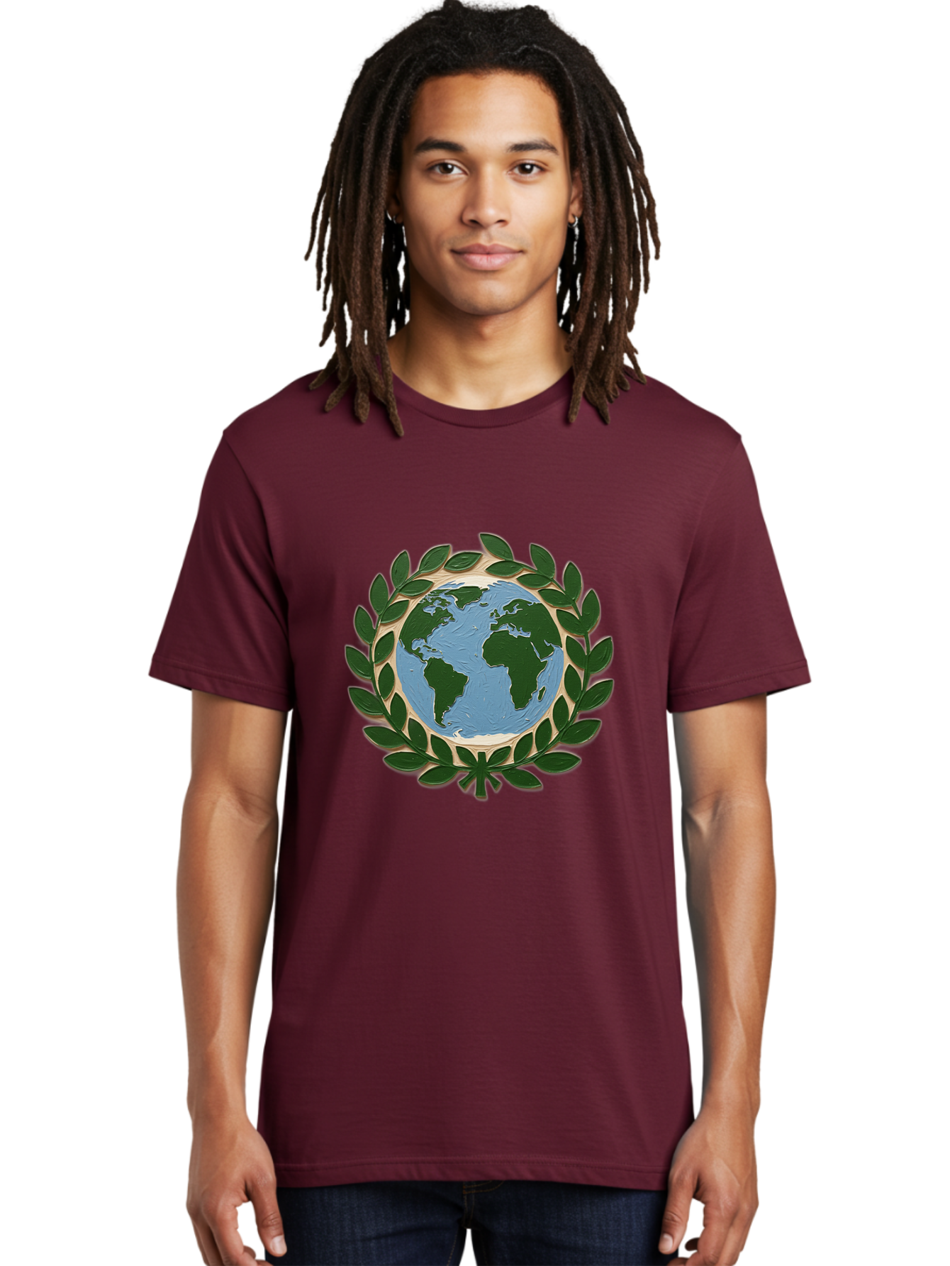 Globe-With-Laurel-Wreath Men'S Graphic Tee, 100% Cotton, Comfortable Casual Summer Wear, Machine Washable, Globe Surrounded By Leaves, Environmental Protection, Eco-Friendly, Conservation, Green Initiatives, Sustainable Living, Earth Day, Baa756