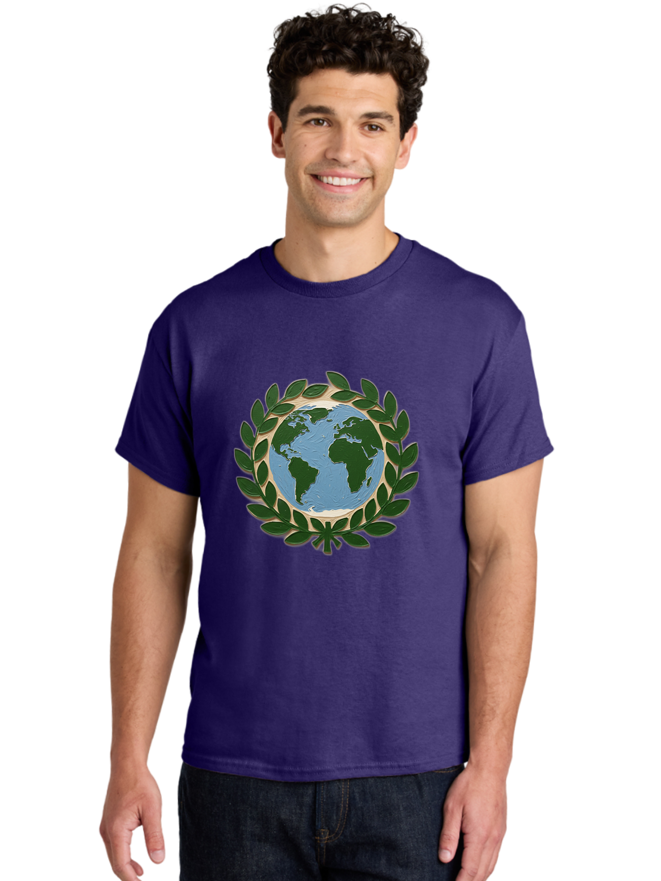Globe-With-Laurel-Wreath Men'S Graphic Tee, 100% Cotton, Comfortable Casual Summer Wear, Machine Washable, Globe Surrounded By Leaves, Environmental Protection, Eco-Friendly, Conservation, Green Initiatives, Sustainable Living, Earth Day, Baa756