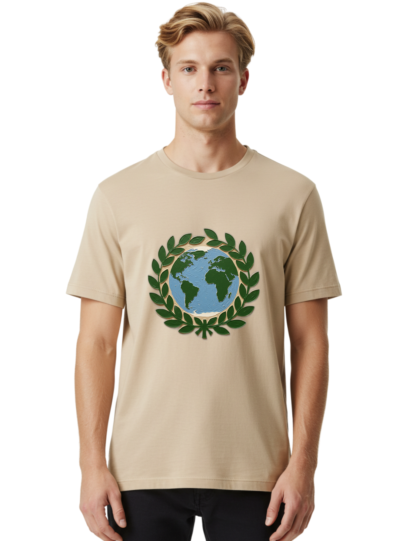 Globe-With-Laurel-Wreath Men'S Graphic Tee, 100% Cotton, Comfortable Casual Summer Wear, Machine Washable, Globe Surrounded By Leaves, Environmental Protection, Eco-Friendly, Conservation, Green Initiatives, Sustainable Living, Earth Day, Baa756