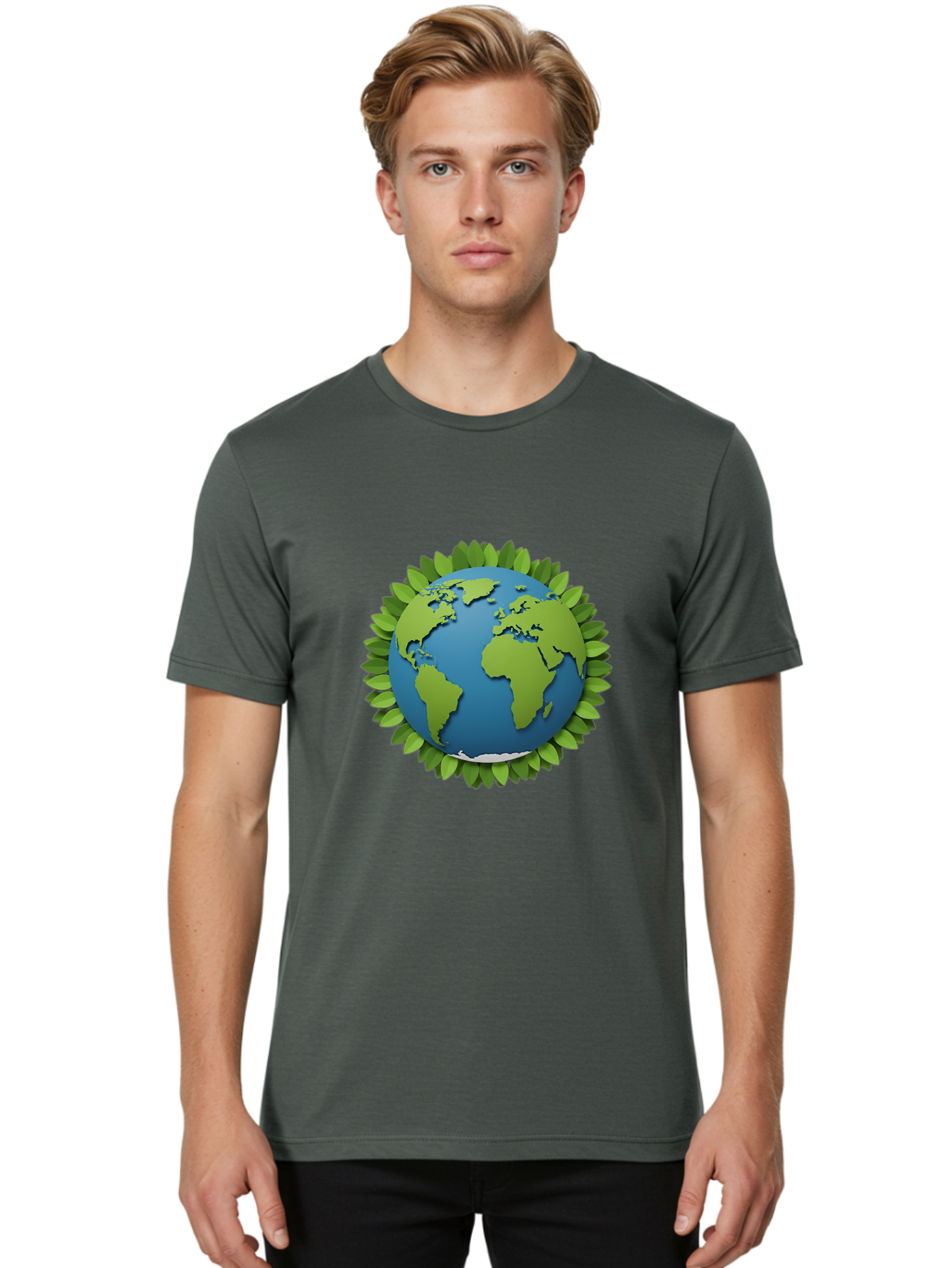 Globe-With-Leaves-1 Men'S Graphic Tee, 100% Cotton, Comfortable Casual Summer Wear, Machine Washable, Globe Surrounded By Leaves, Eco-Friendly, Sustainable Living, Environmental Conservation, Green Earth, World Unity, Going Green, Earth Day Baa757