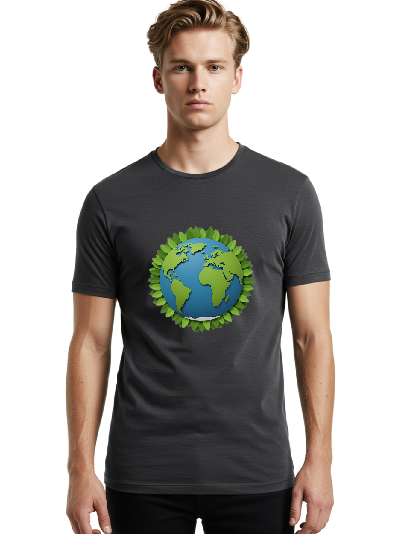 Globe-With-Leaves-1 Men'S Graphic Tee, 100% Cotton, Comfortable Casual Summer Wear, Machine Washable, Globe Surrounded By Leaves, Eco-Friendly, Sustainable Living, Environmental Conservation, Green Earth, World Unity, Going Green, Earth Day Baa757